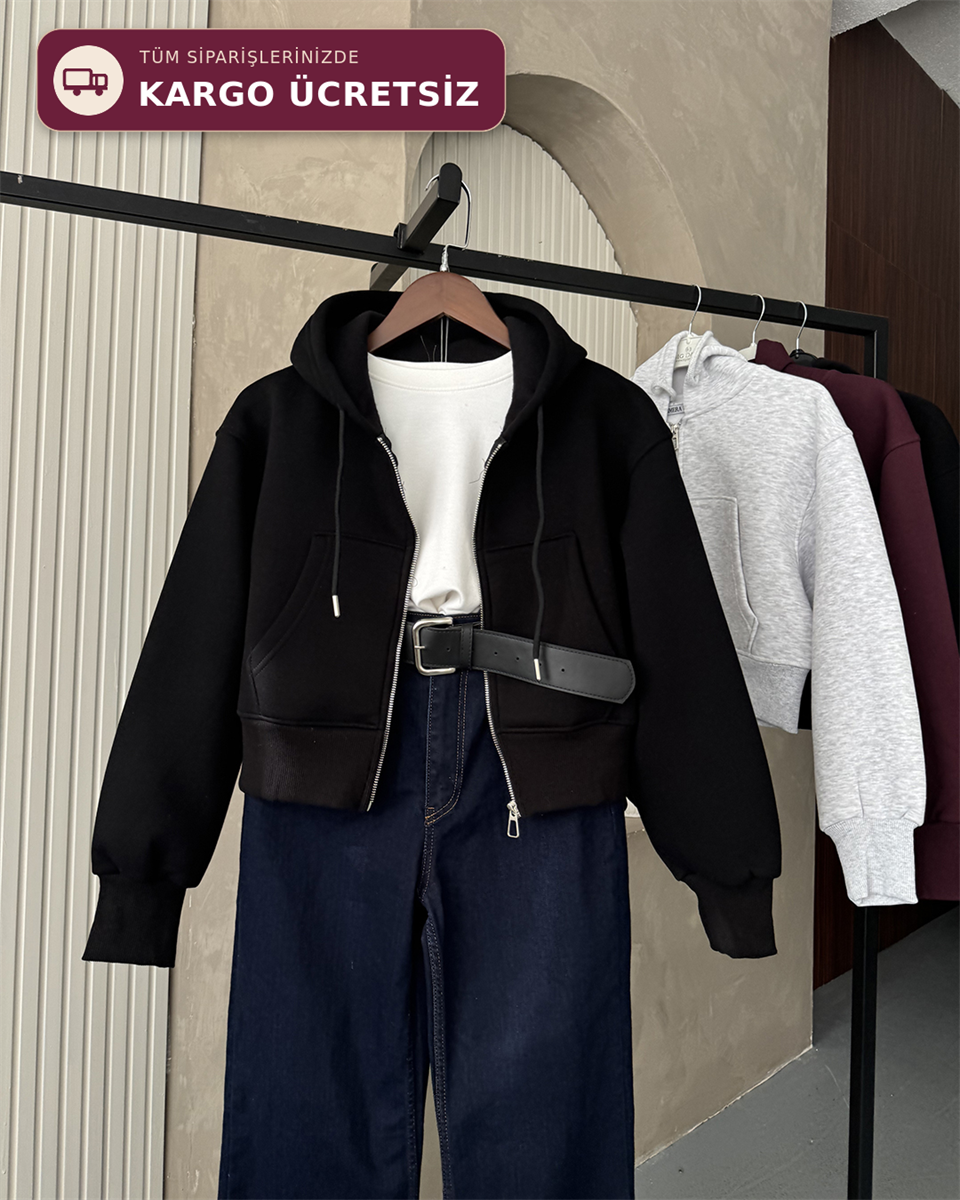 Kapüşonlu Fermuarlı Crop Siyah Sweatshirt