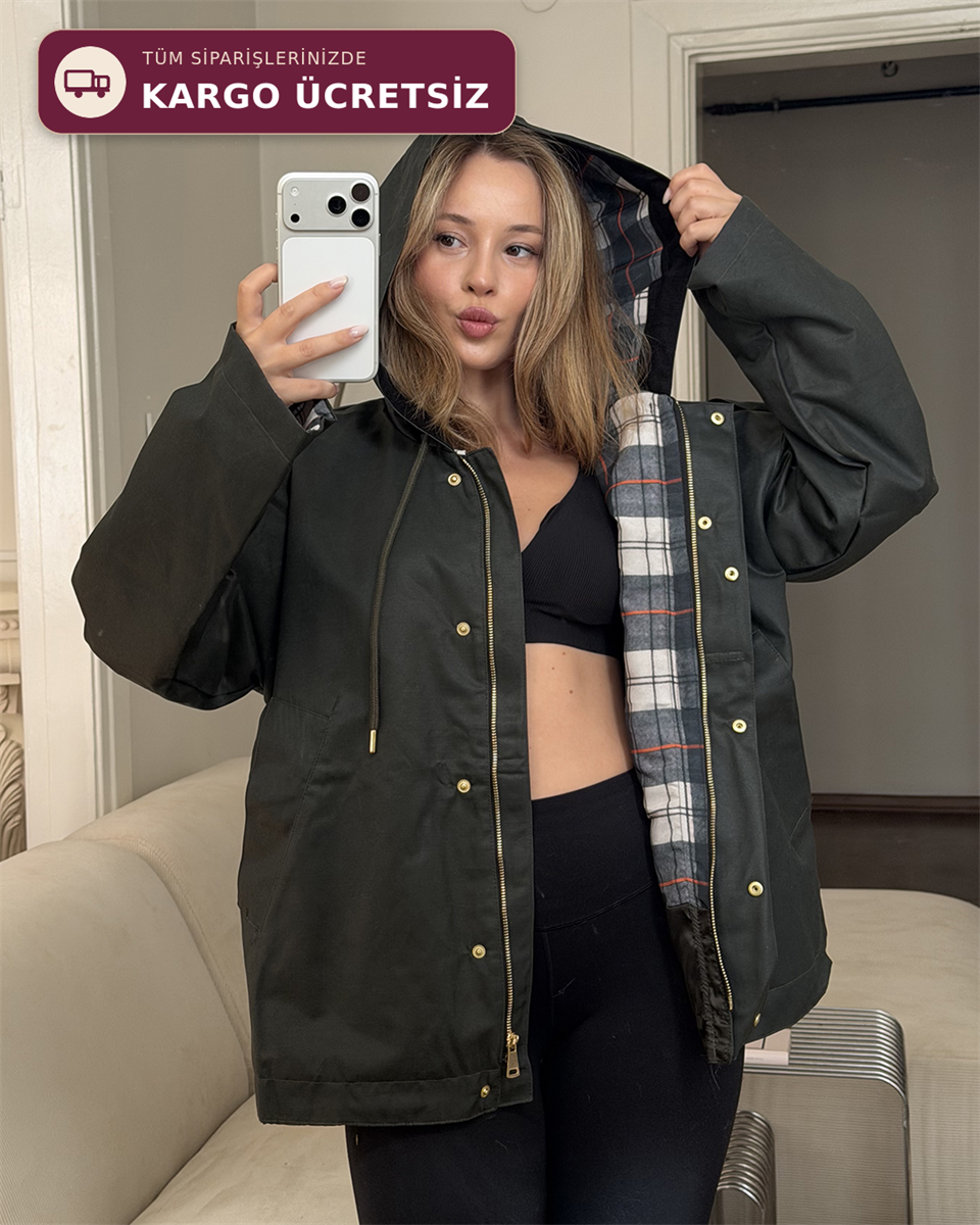 Kapüşonlu Oversize Haki Parka