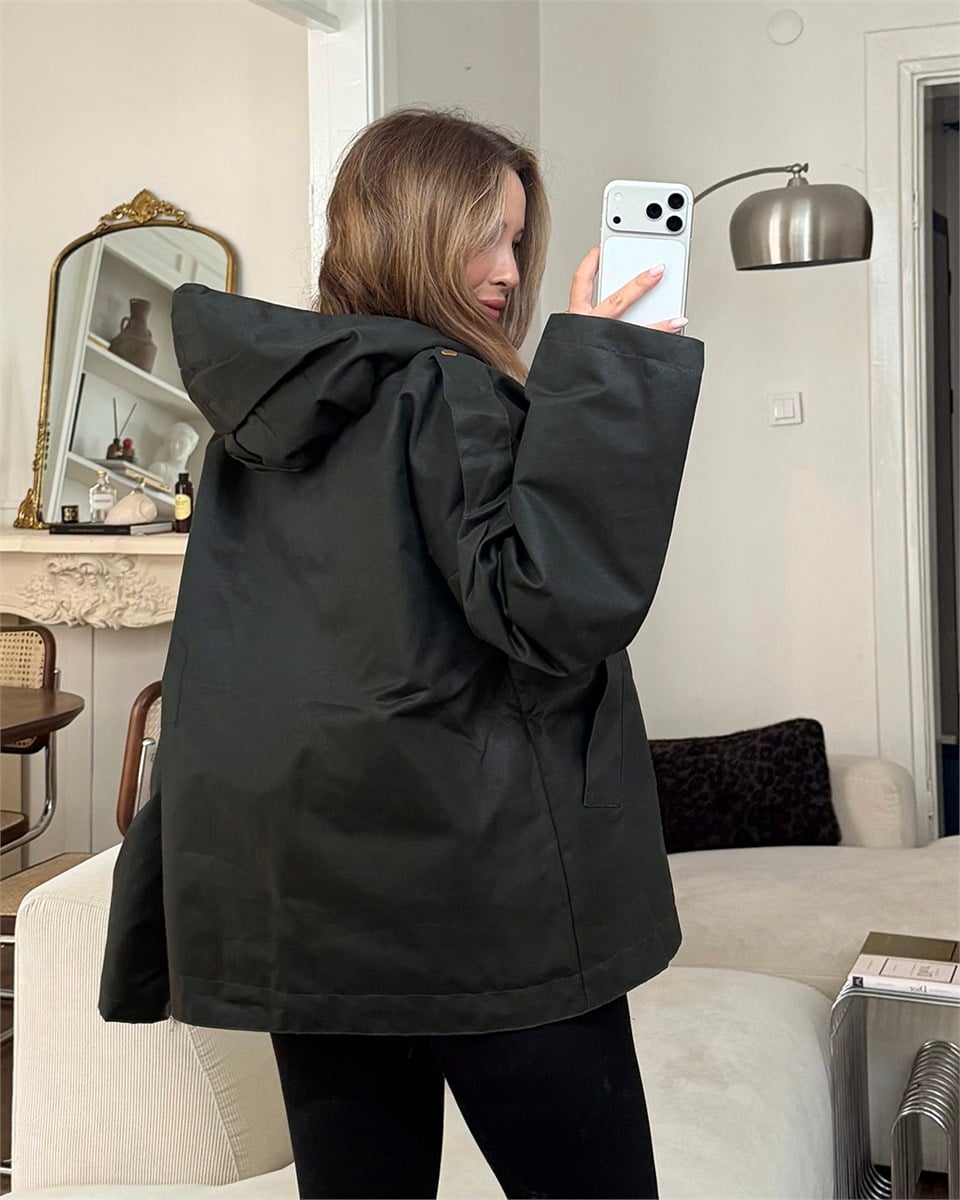 Kapüşonlu Oversize Haki Parka