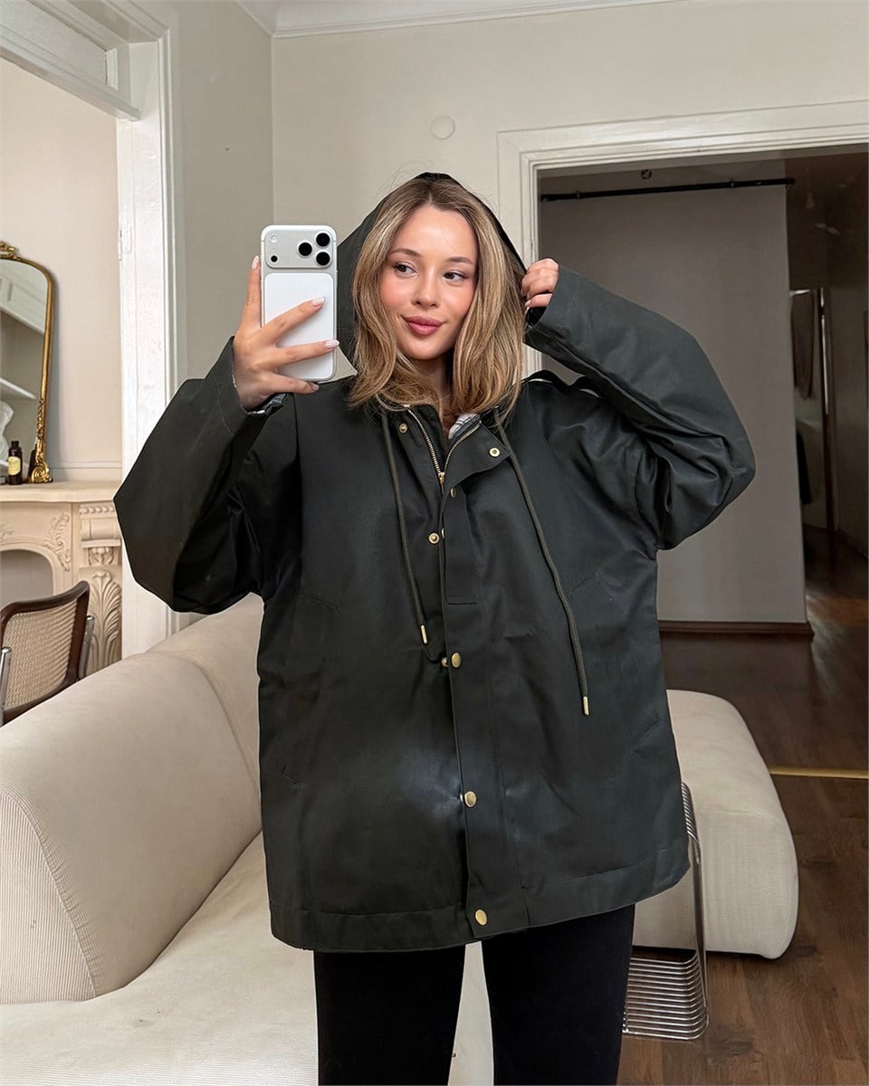 Kapüşonlu Oversize Haki Parka