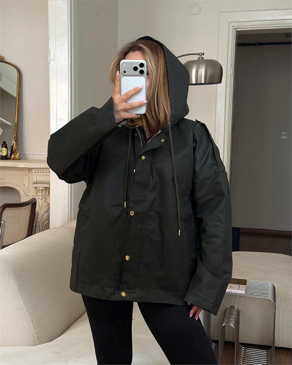 Kapüşonlu Oversize Haki Parka