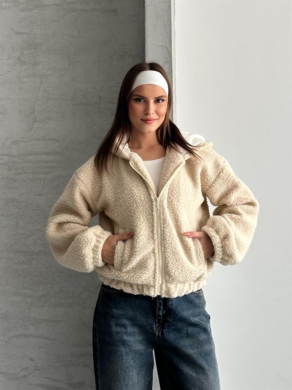 Kapüşonlu Teddy Bej Peluş Mont