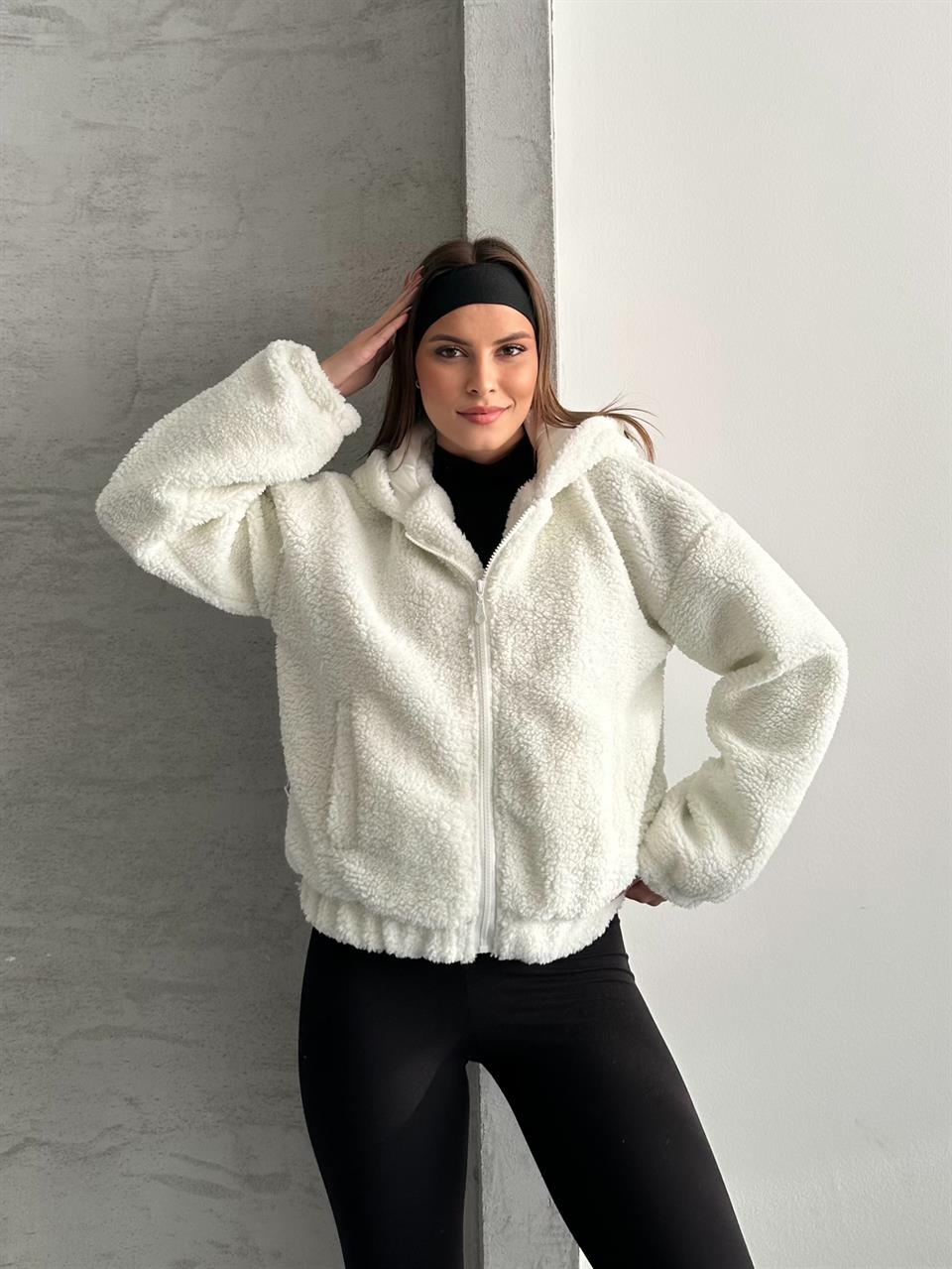 Kapüşonlu Teddy Beyaz Peluş Mont
