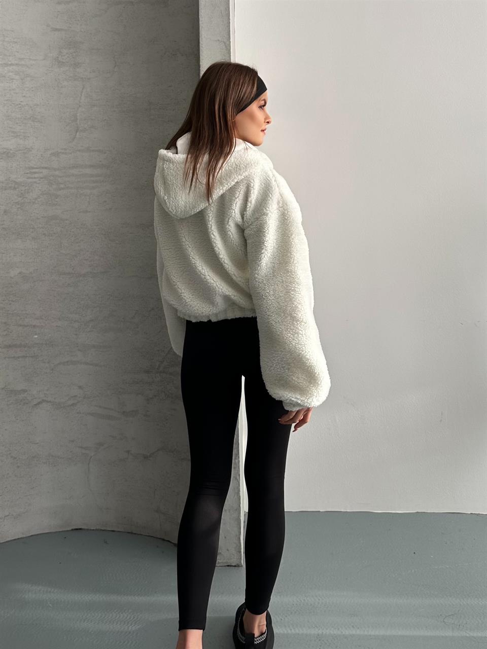 Kapüşonlu Teddy Beyaz Peluş Mont