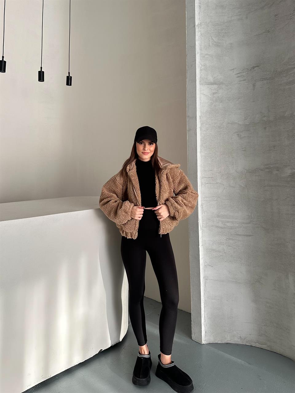 Kapüşonlu Teddy Kahverengi Peluş Mont