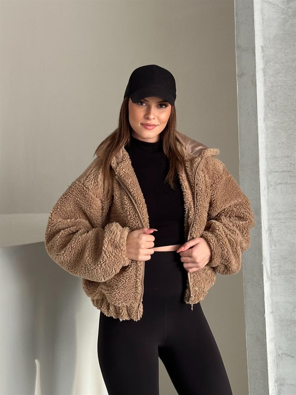 Kapüşonlu Teddy Kahverengi Peluş Mont