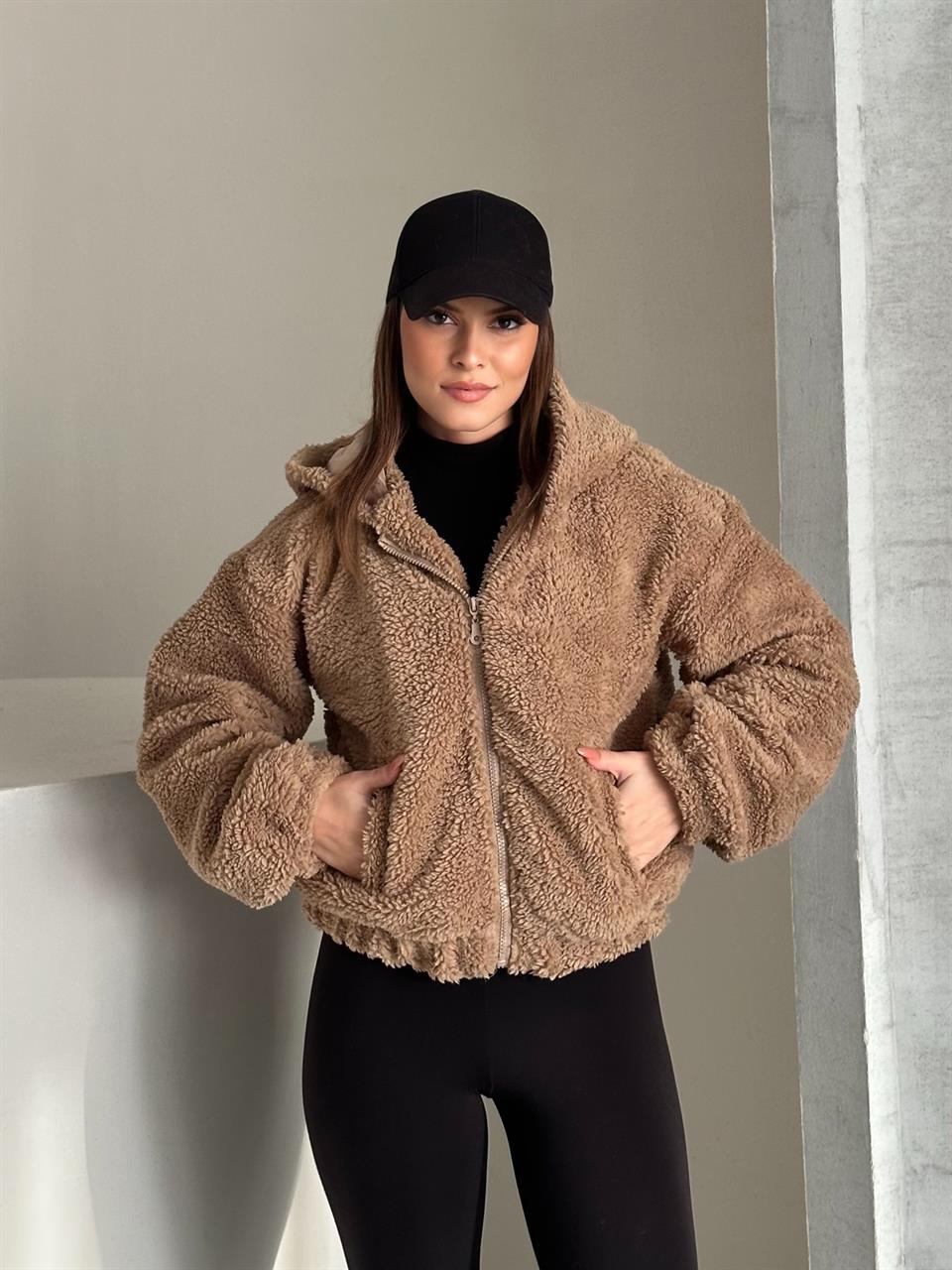 Kapüşonlu Teddy Kahverengi Peluş Mont