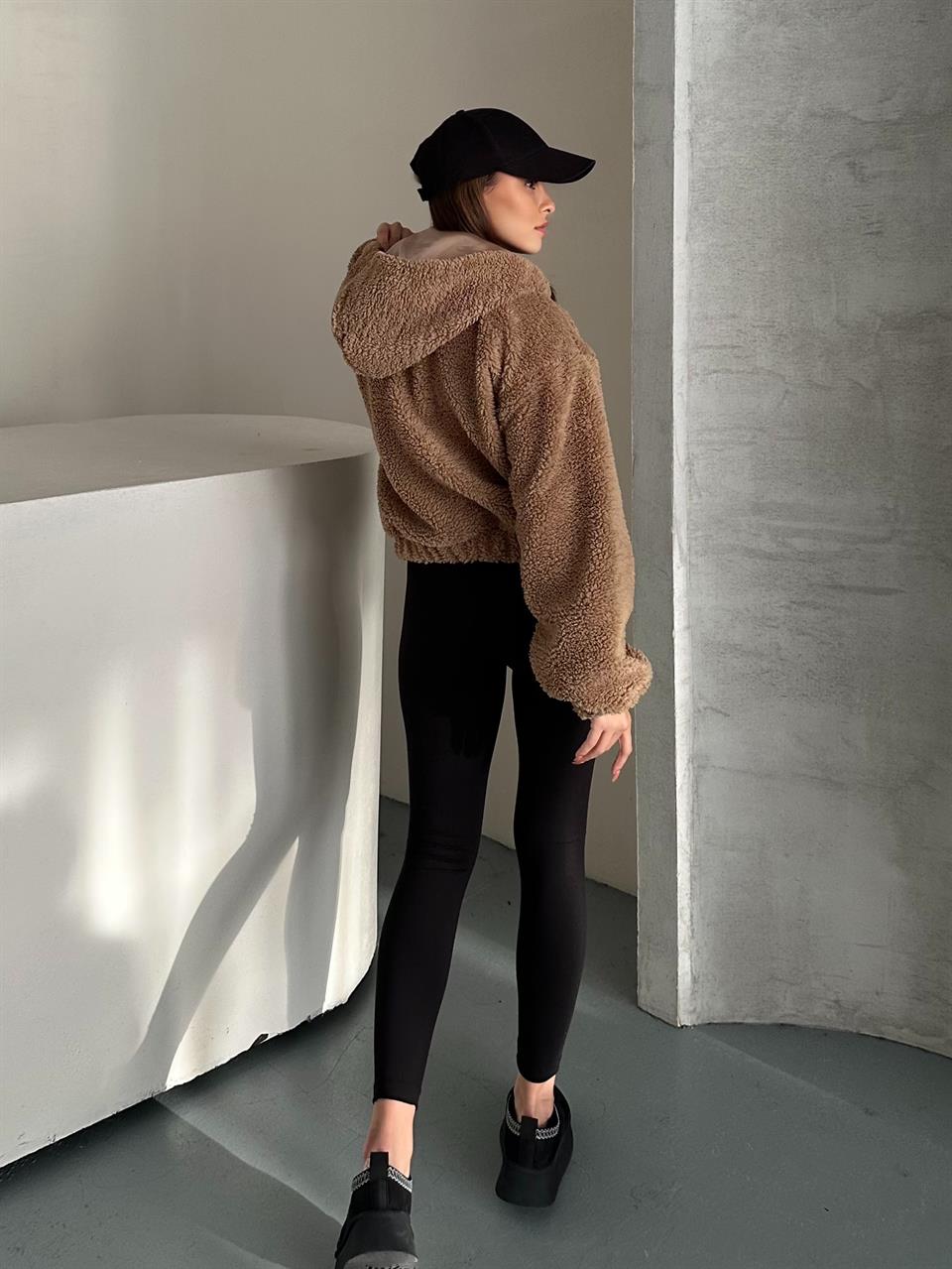 Kapüşonlu Teddy Kahverengi Peluş Mont