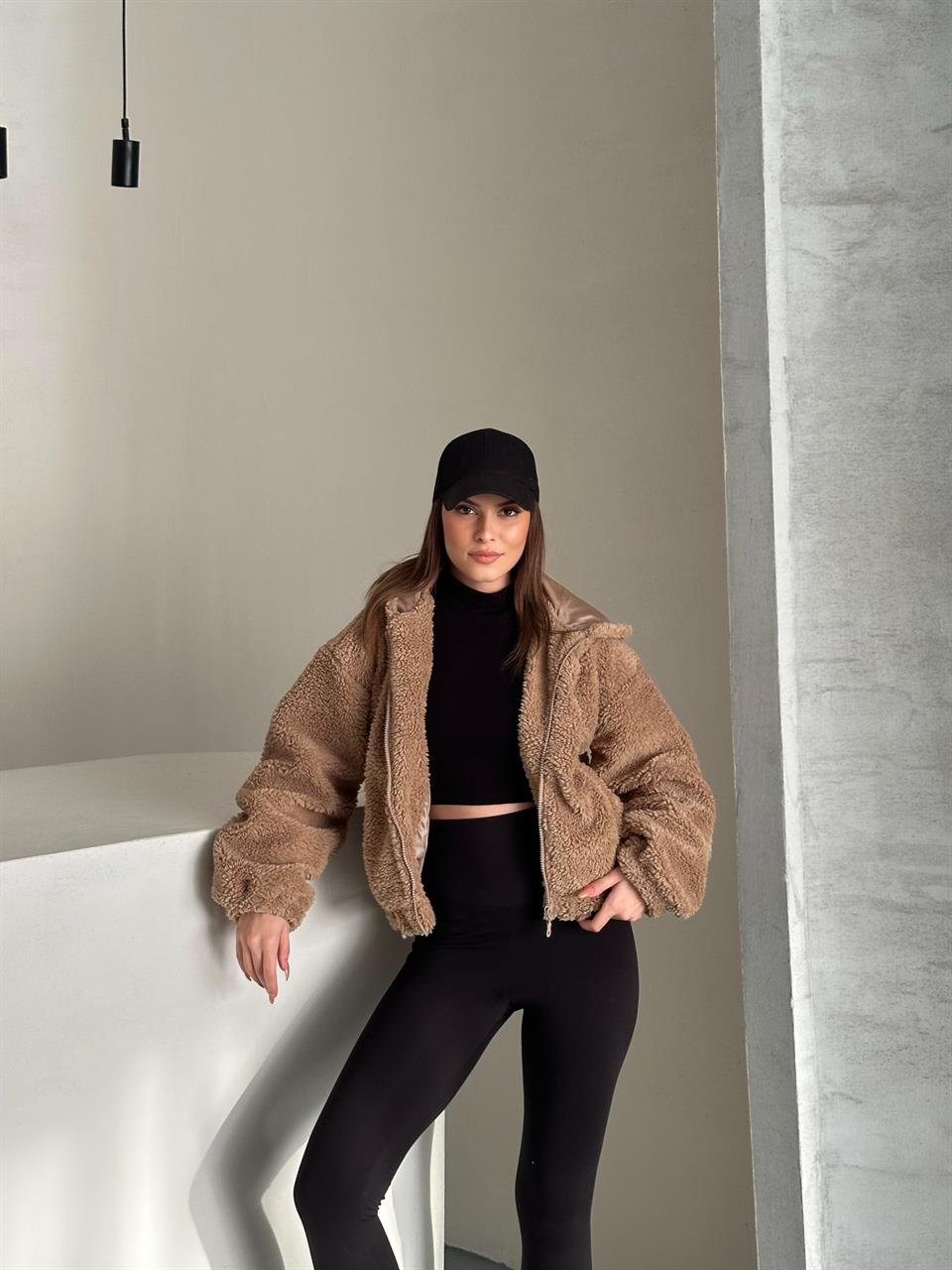 Kapüşonlu Teddy Kahverengi Peluş Mont