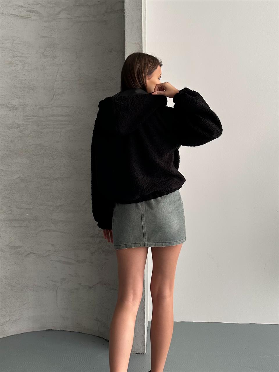 Kapüşonlu Teddy Siyah Peluş Mont