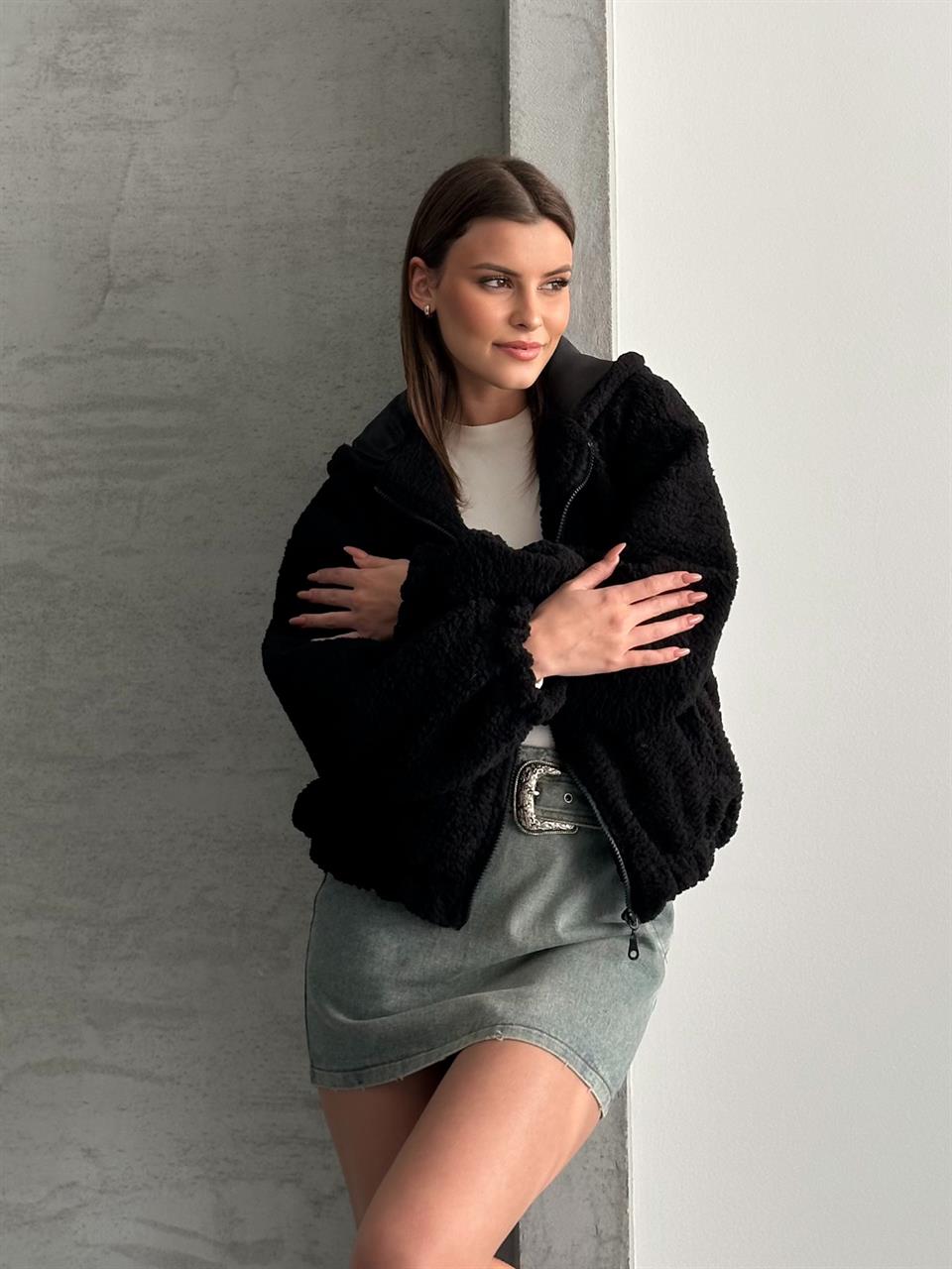 Kapüşonlu Teddy Siyah Peluş Mont