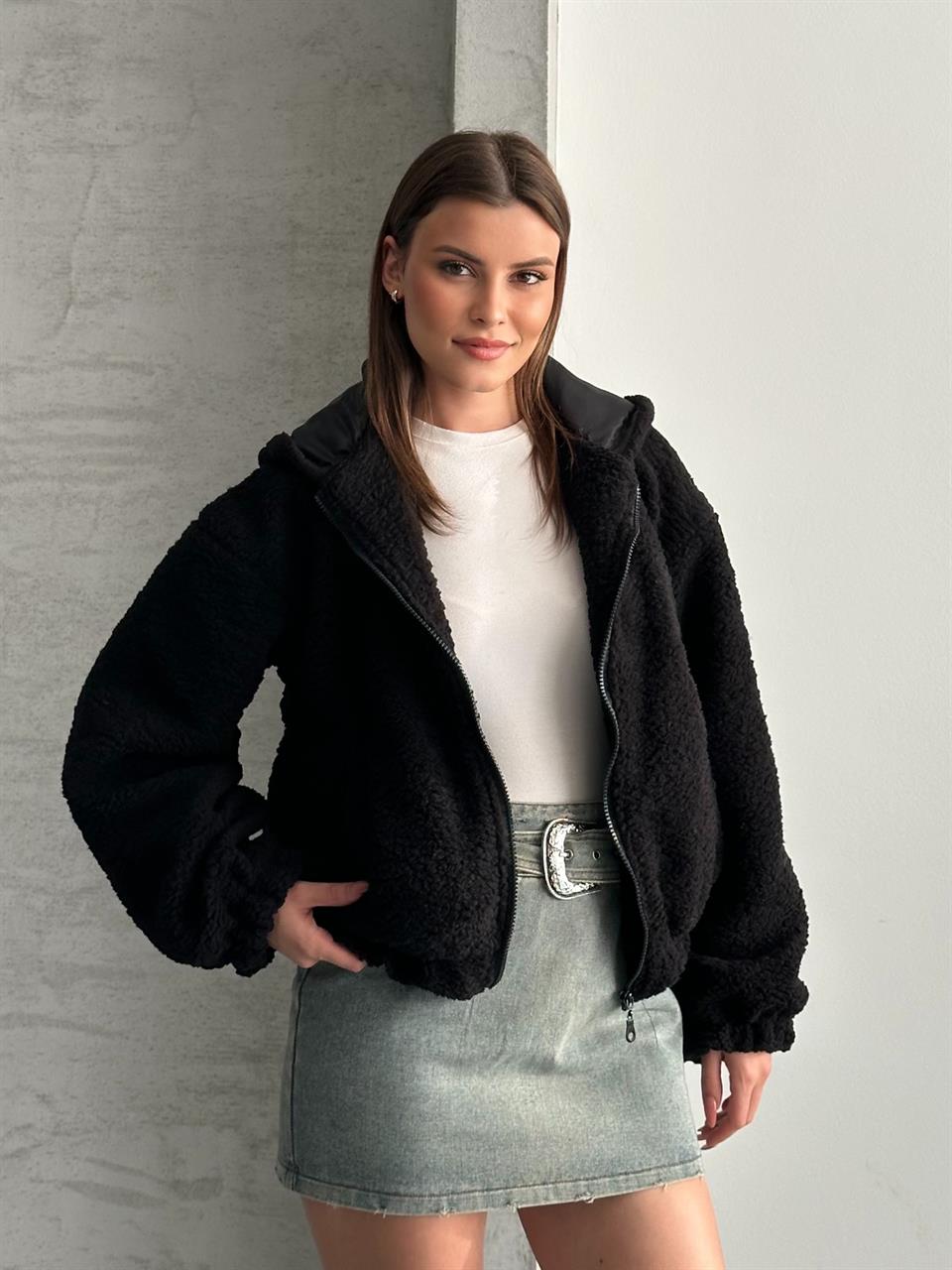 Kapüşonlu Teddy Siyah Peluş Mont