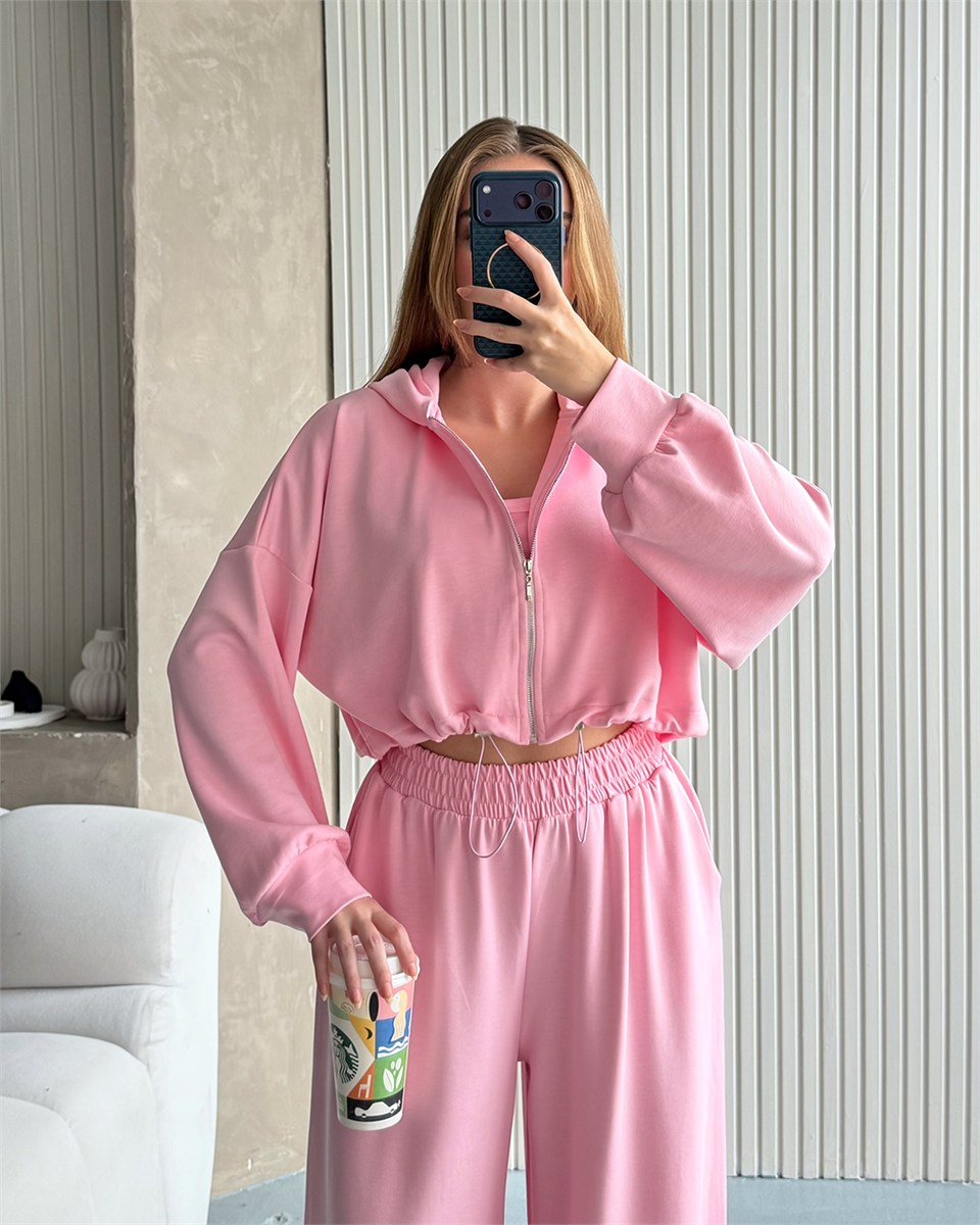 Kapüşonlu Üçlü Pembe Eşofman Takımı