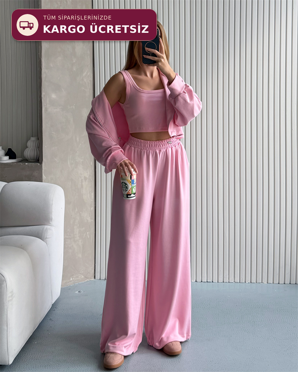 Kapüşonlu Üçlü Pembe Eşofman Takımı