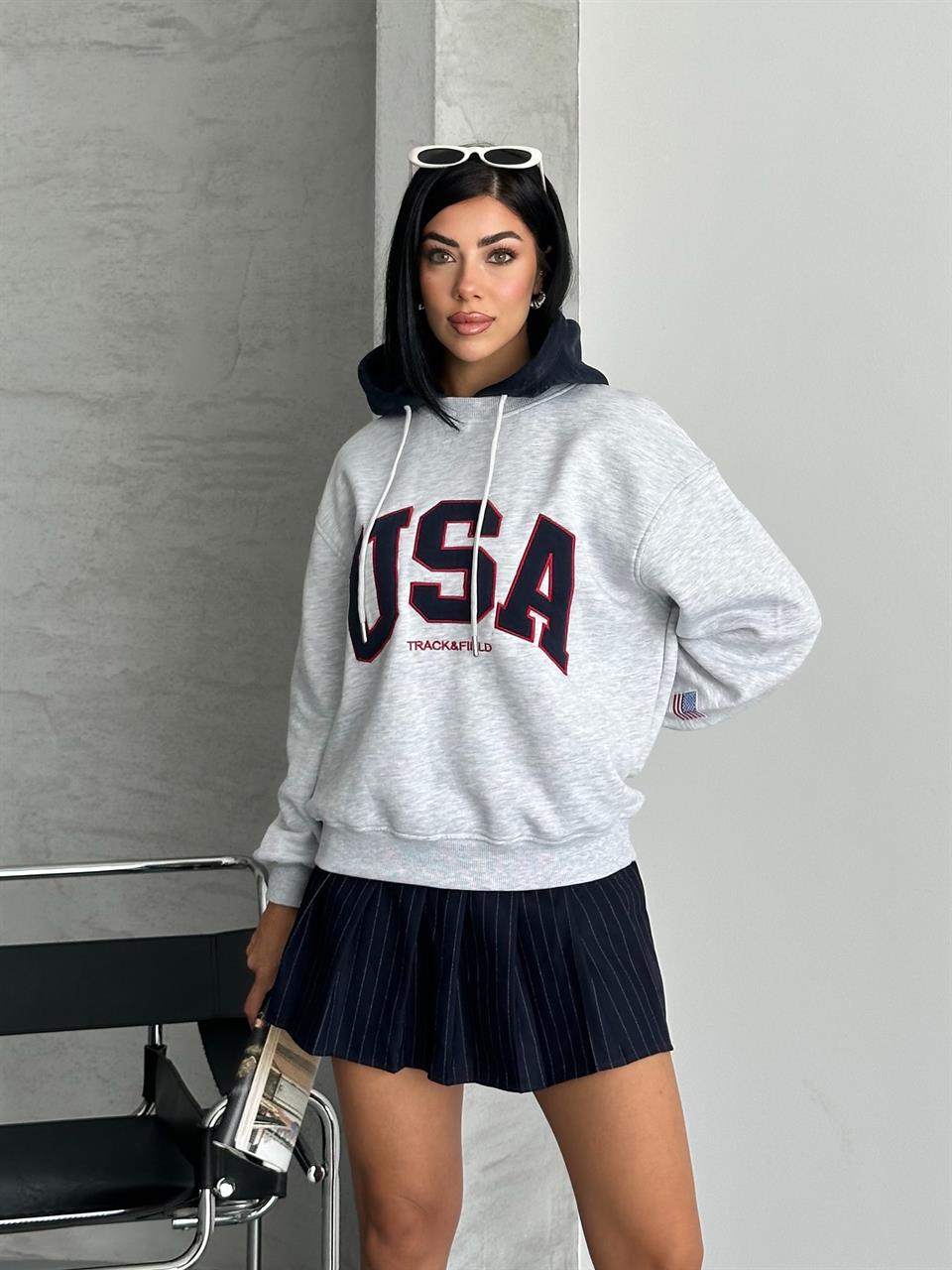 Kapüşonlu Unisex USA Melanj Sweatshirt
