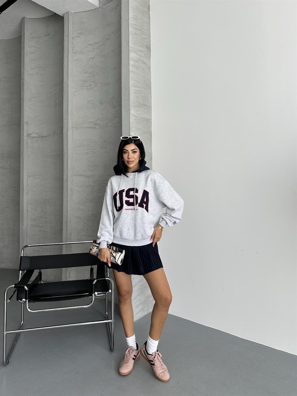 Kapüşonlu Unisex USA Melanj Sweatshirt