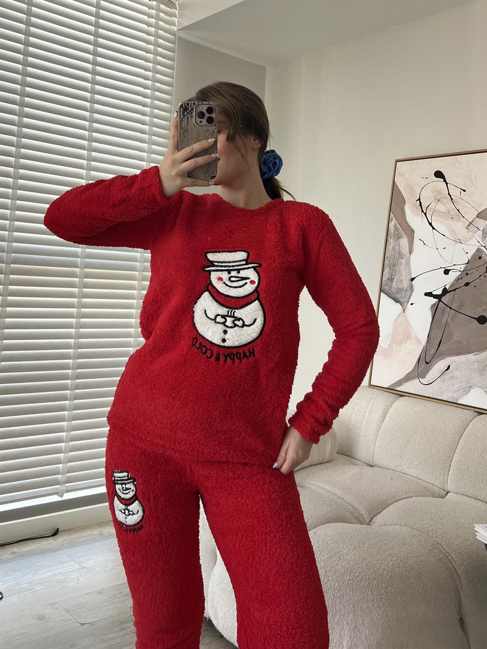 Kardan Adam Nakışlı Kırmızı Peluş Pijama Takımı