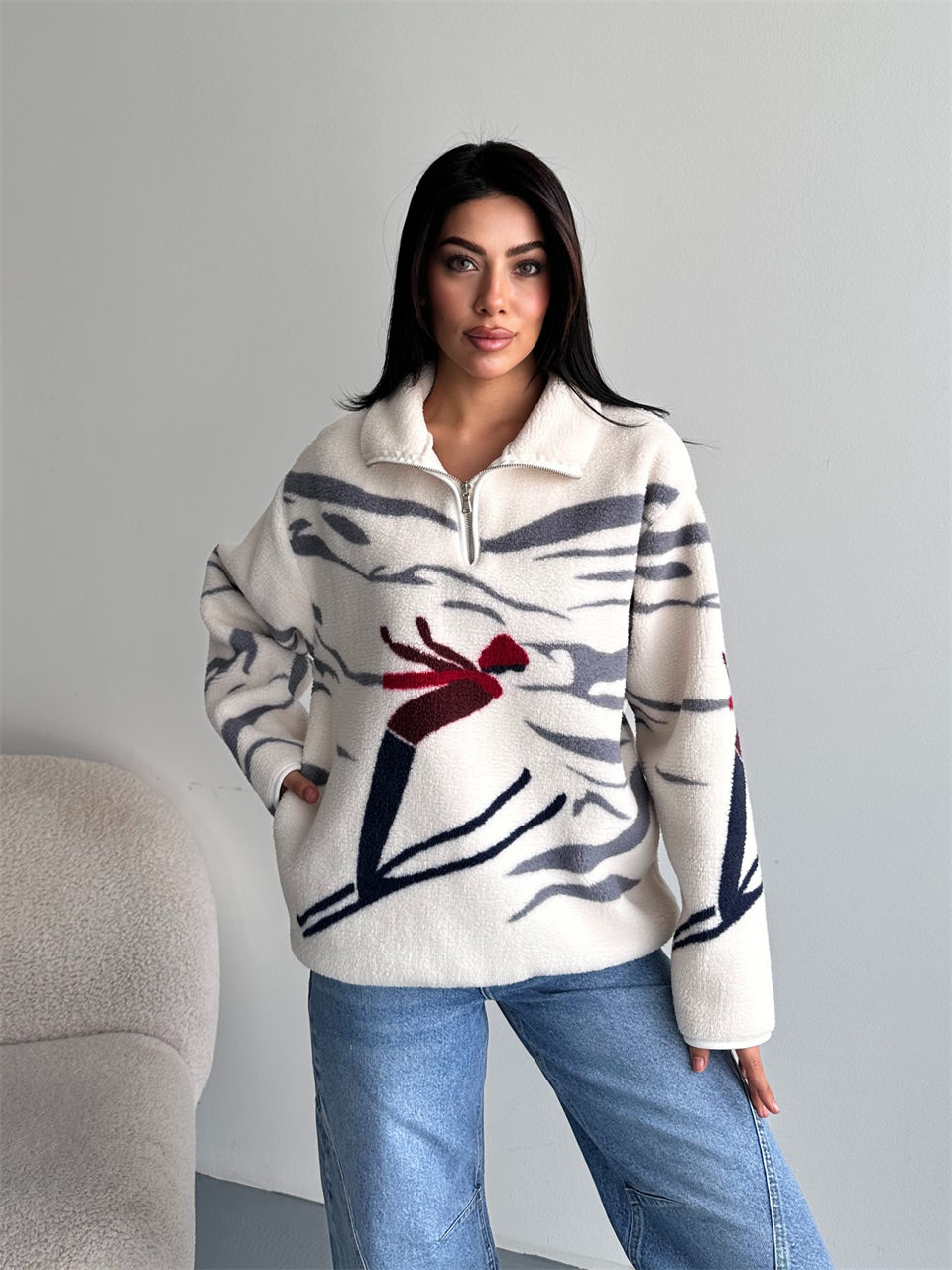 Kayak Desenli Yarım Fermuarlı Polar Sweatshirt