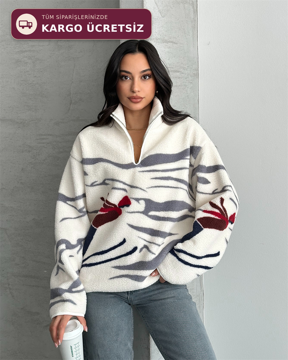 Kayak Desenli Yarım Fermuarlı Polar Sweatshirt