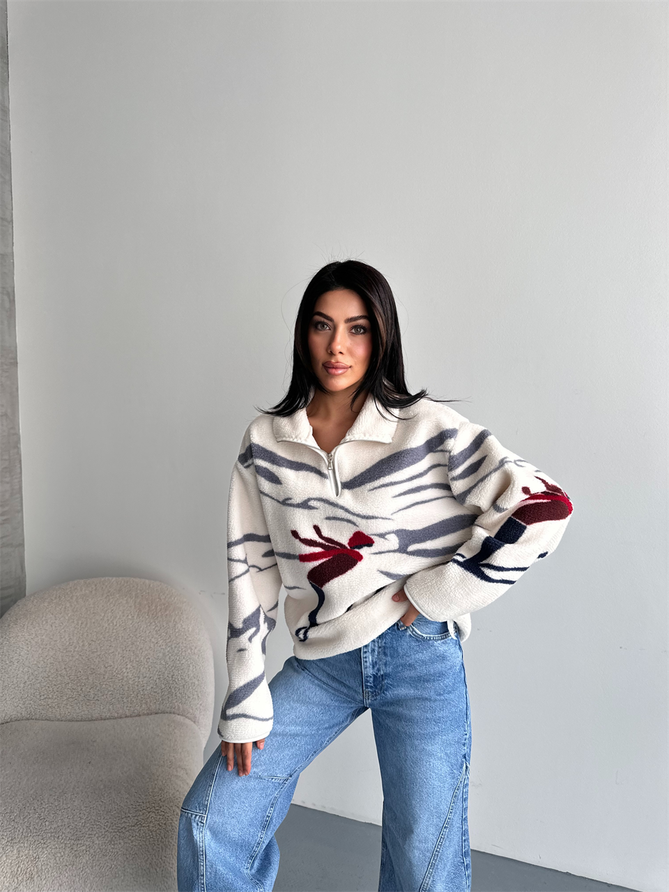 Kayak Desenli Yarım Fermuarlı Polar Sweatshirt