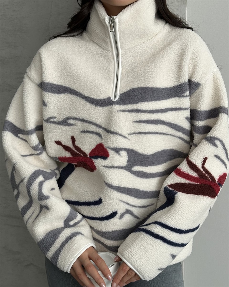 Kayak Desenli Yarım Fermuarlı Polar Sweatshirt
