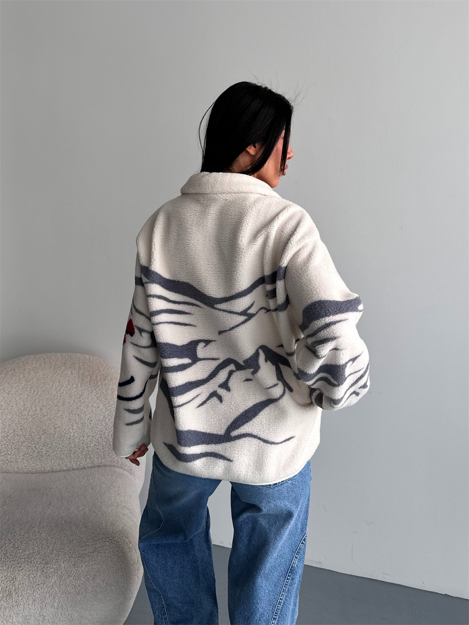 Kayak Desenli Yarım Fermuarlı Polar Sweatshirt