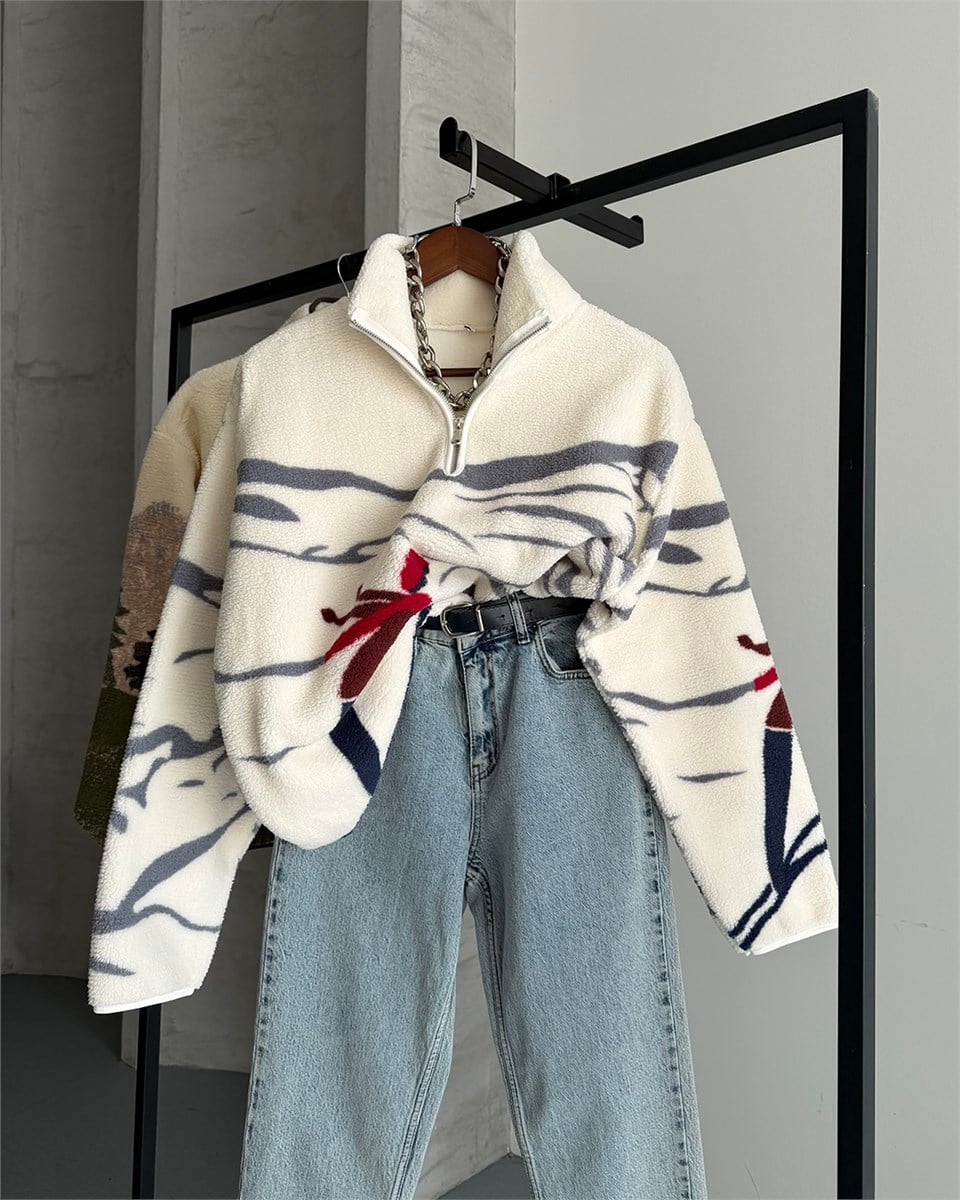 Kayak Desenli Yarım Fermuarlı Polar Sweatshirt