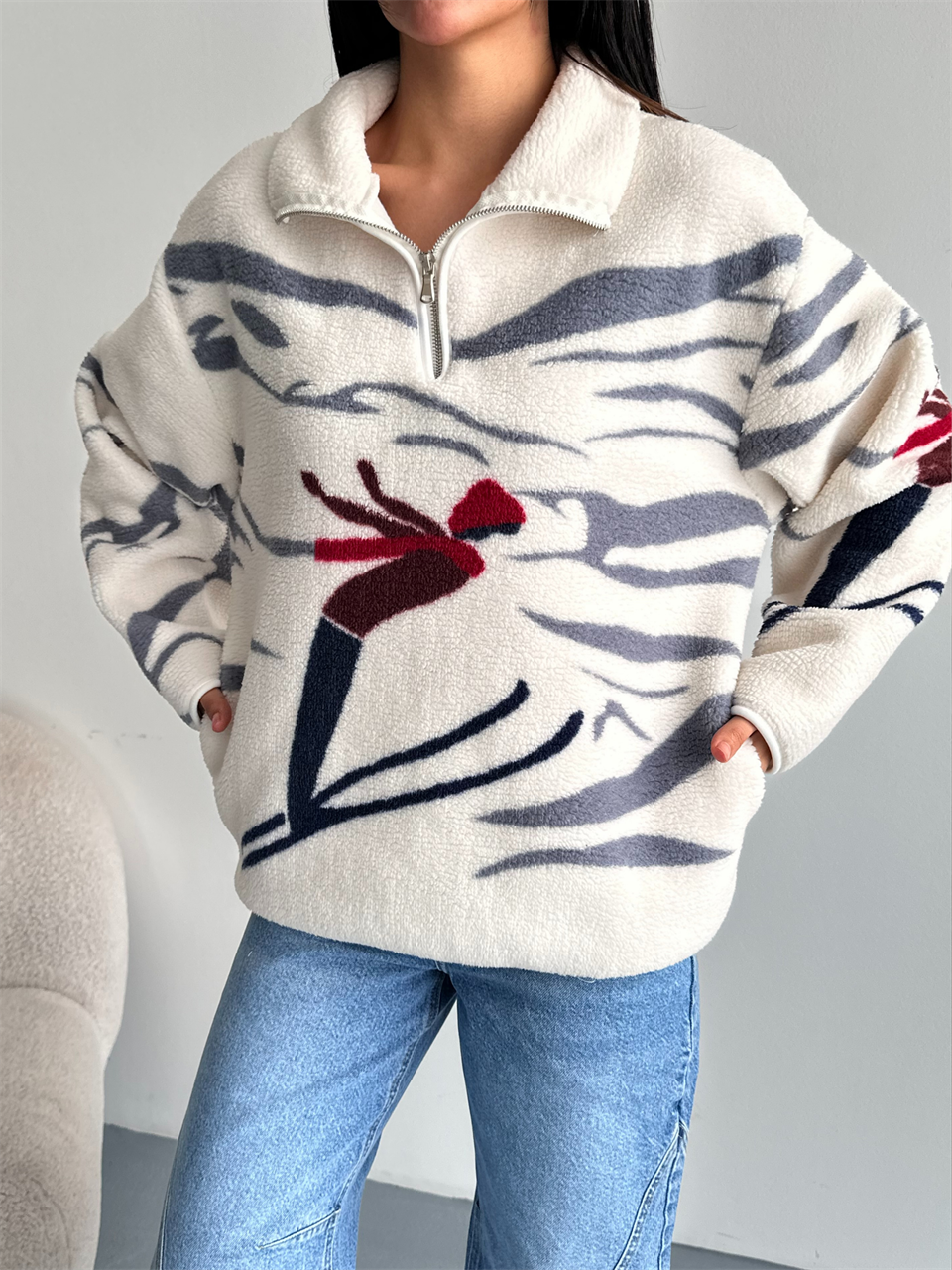 Kayak Desenli Yarım Fermuarlı Polar Sweatshirt