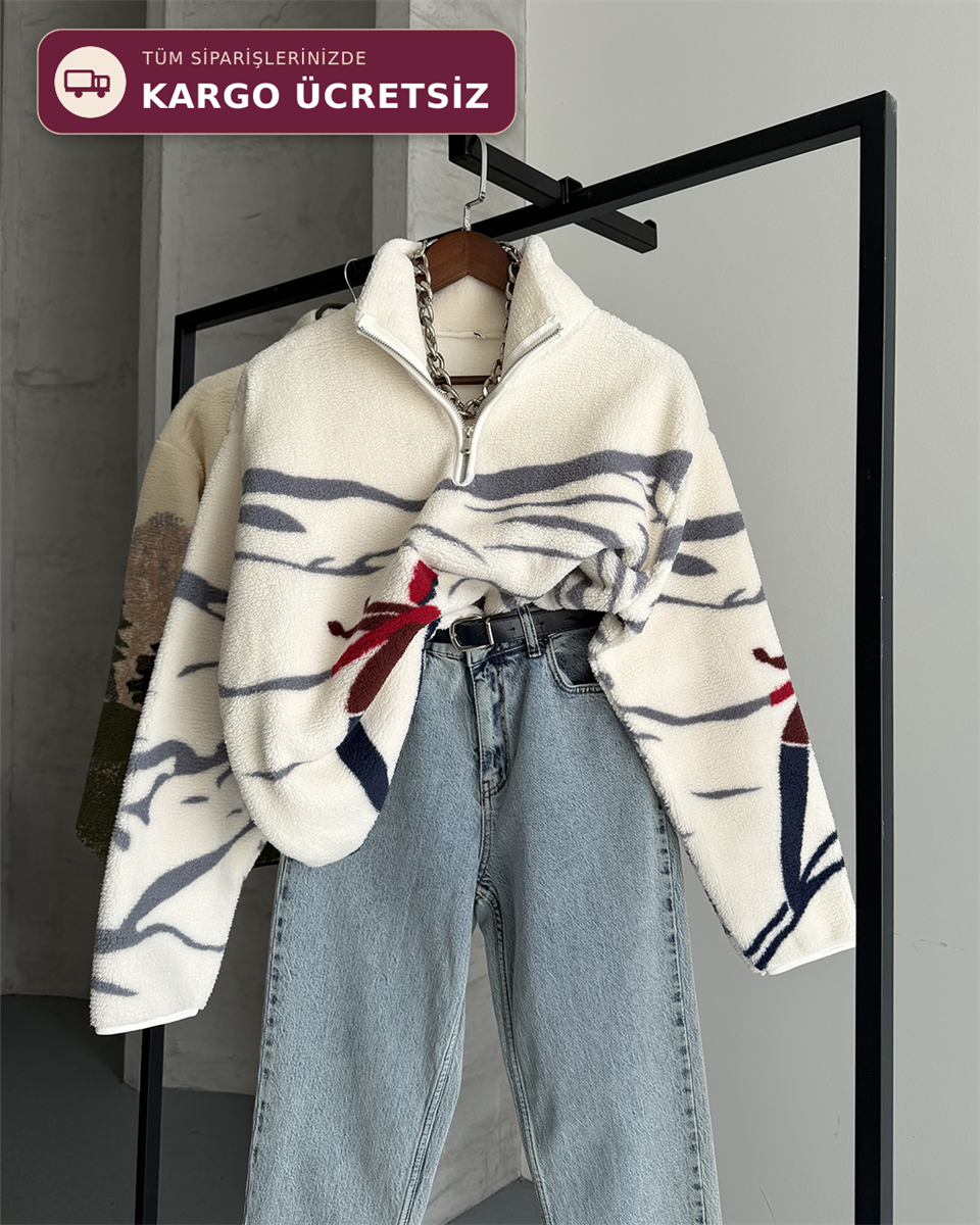 Kayak Desenli Yarım Fermuarlı Polar Sweatshirt