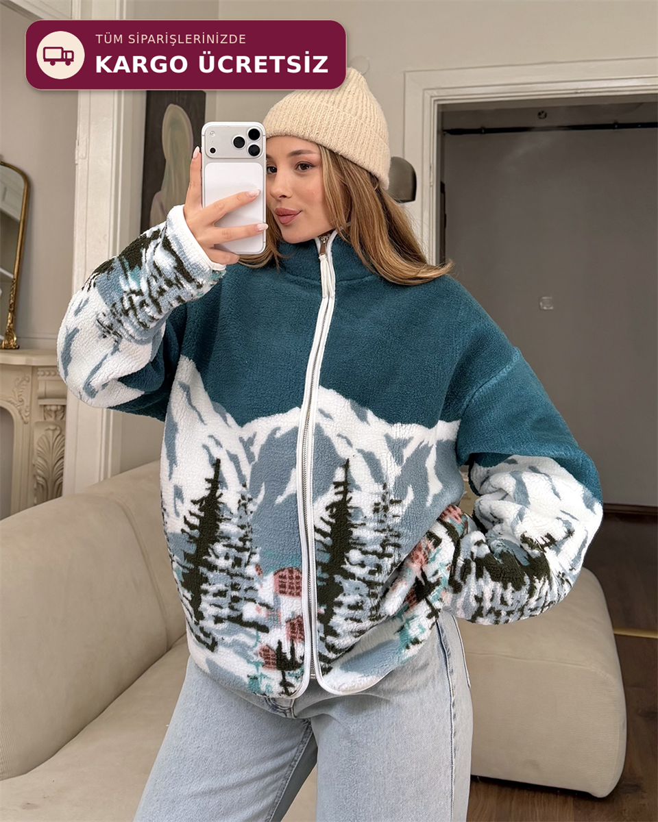 Kayak Temalı Mavi Polar Ceket