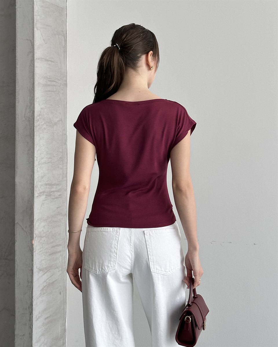 Kayık Yaka Bordo Bluz