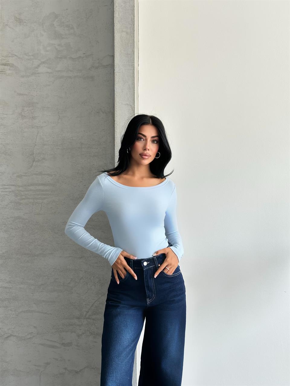 Kayık Yaka Uzun Kollu Bebe Mavisi Bluz