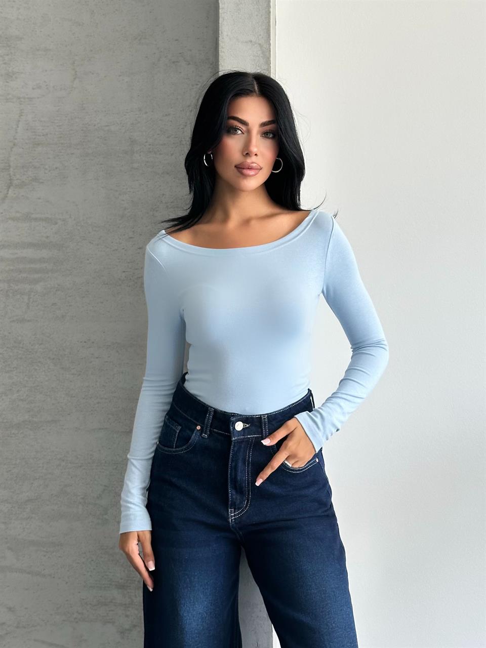 Kayık Yaka Uzun Kollu Bebe Mavisi Bluz