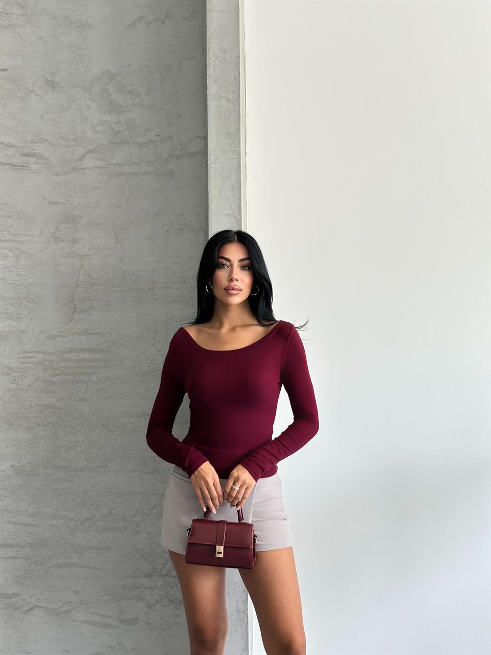 Kayık Yaka Uzun Kollu Bordo Bluz