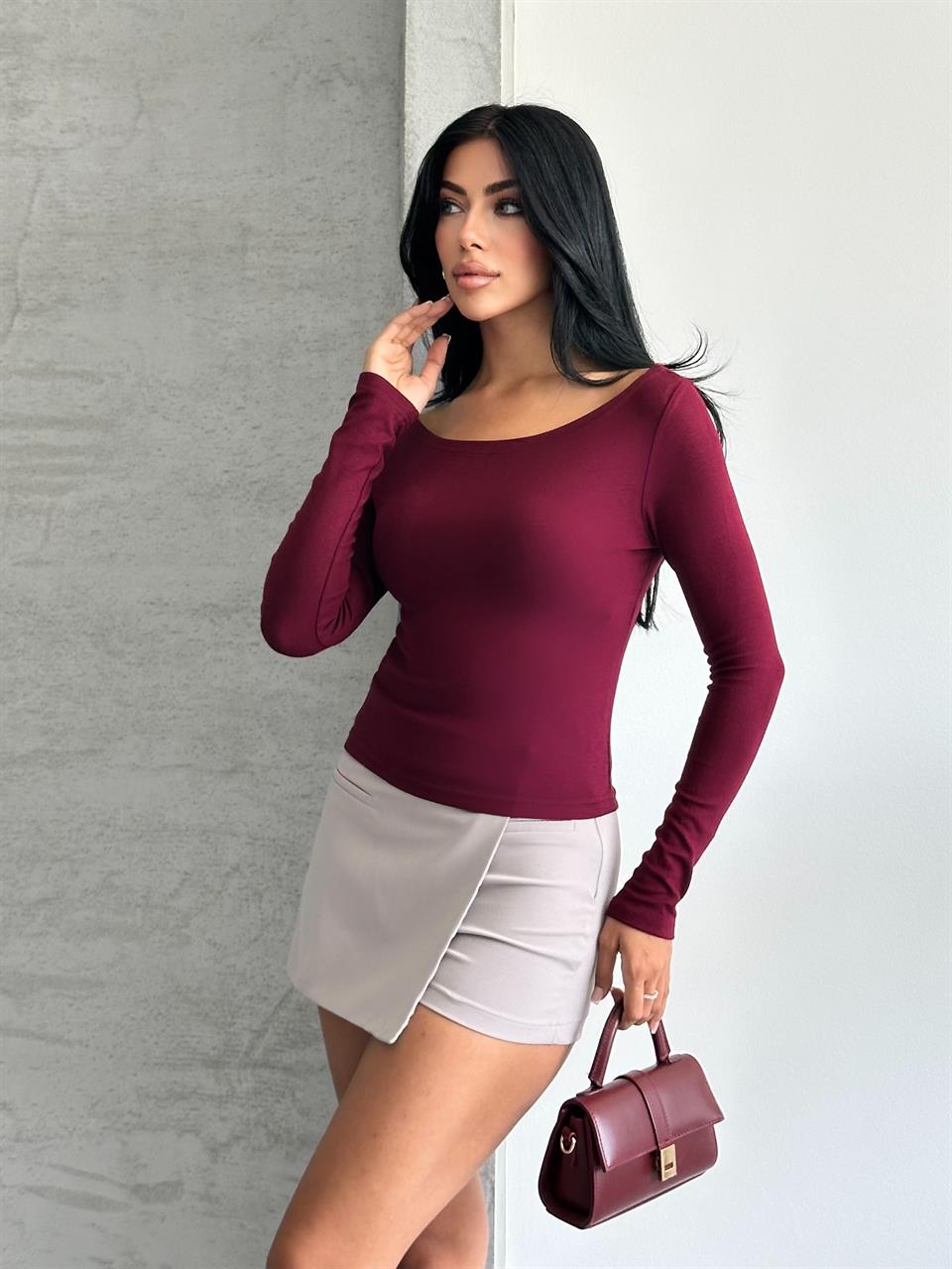 Kayık Yaka Uzun Kollu Bordo Bluz