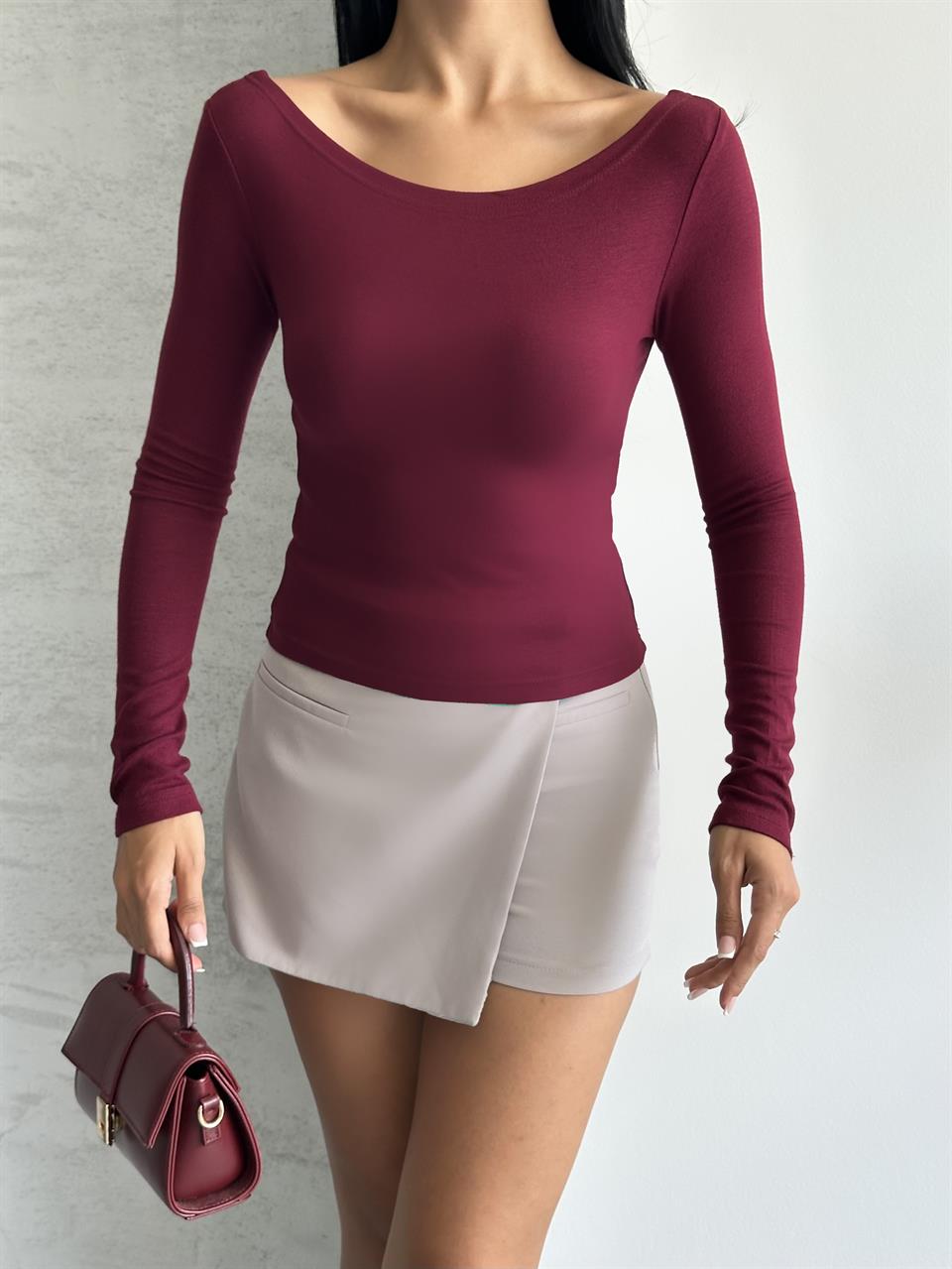 Kayık Yaka Uzun Kollu Bordo Bluz