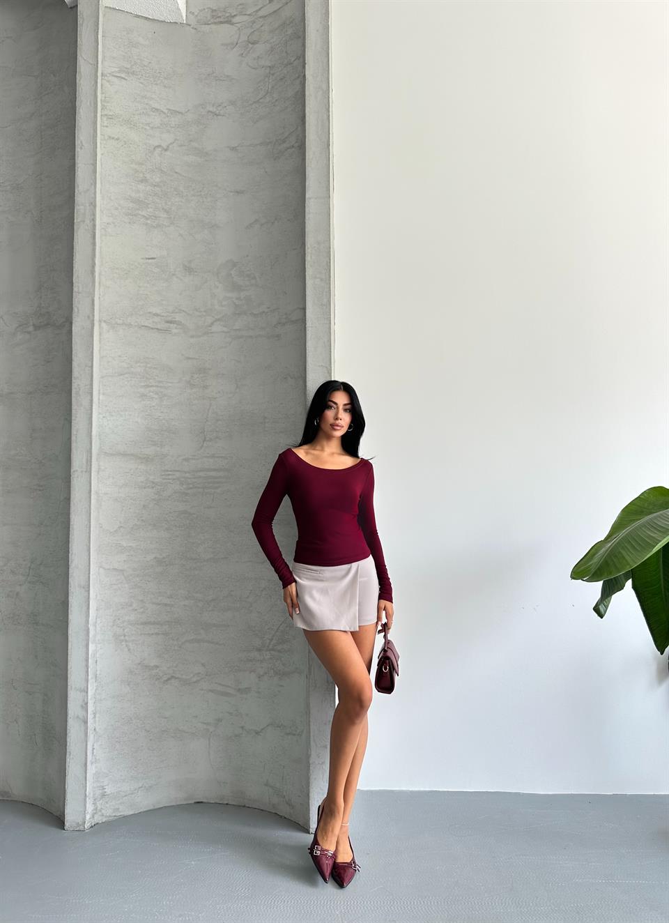 Kayık Yaka Uzun Kollu Bordo Bluz