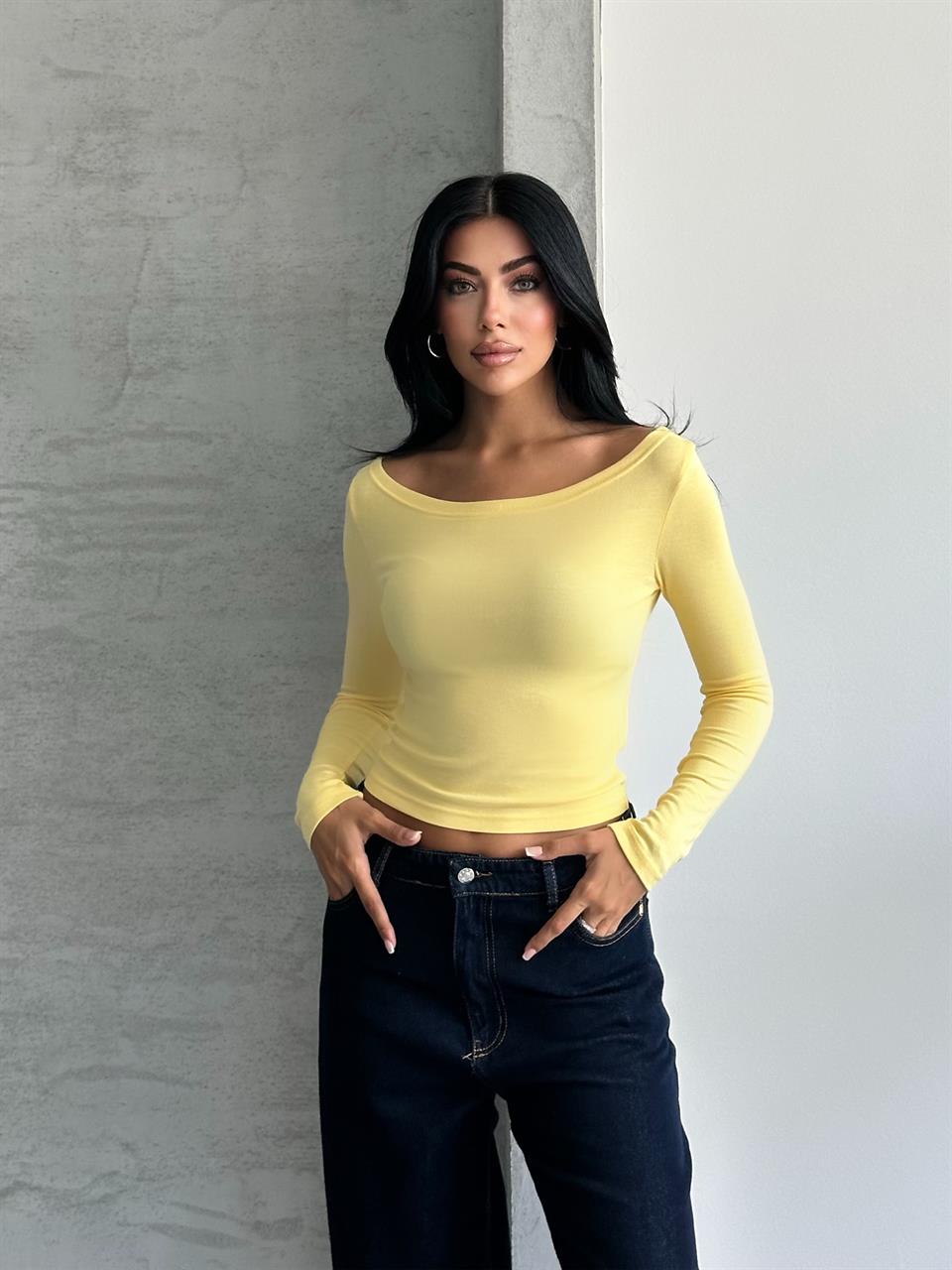 Kayık Yaka Uzun Kollu Sarı Bluz