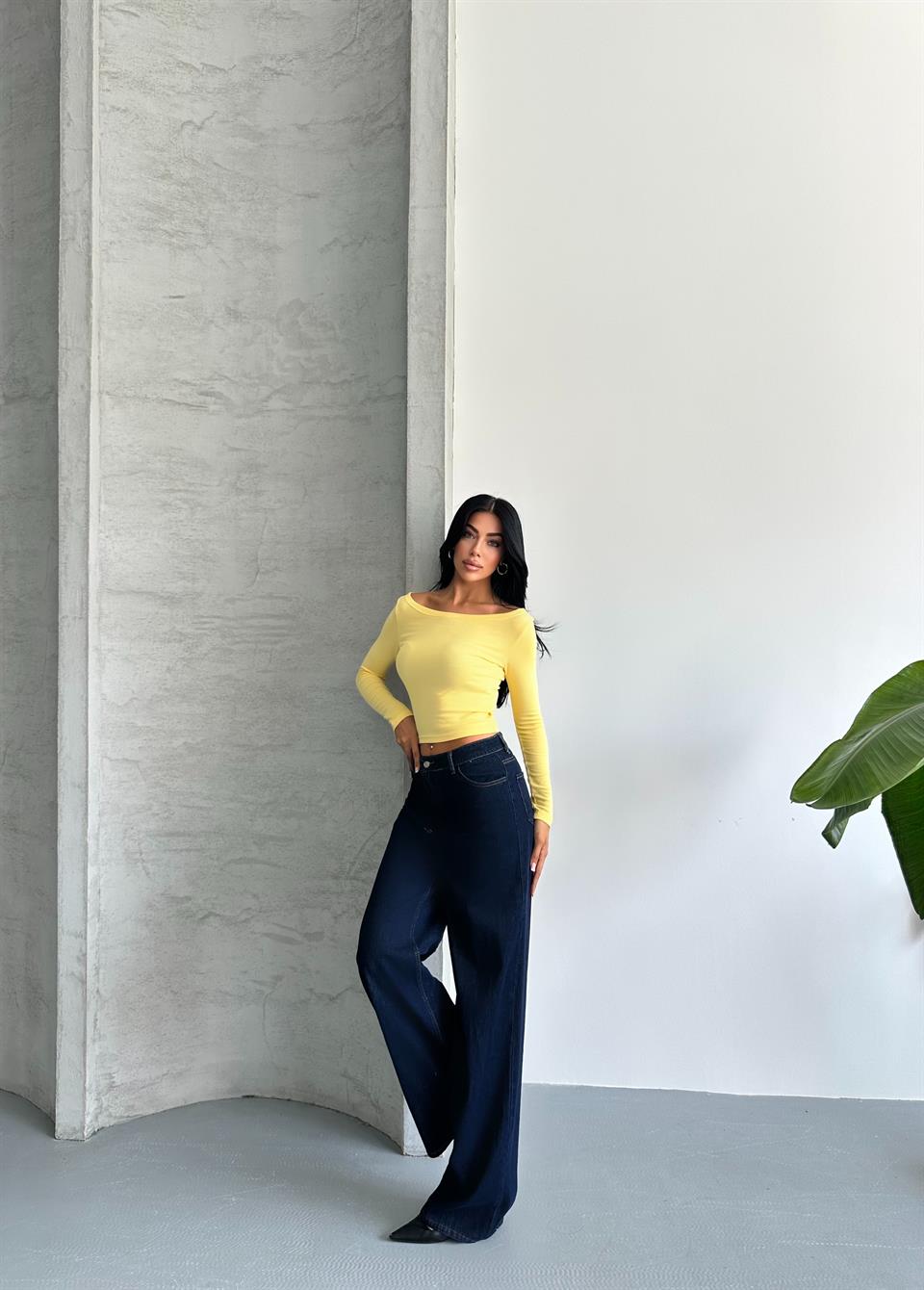 Kayık Yaka Uzun Kollu Sarı Bluz