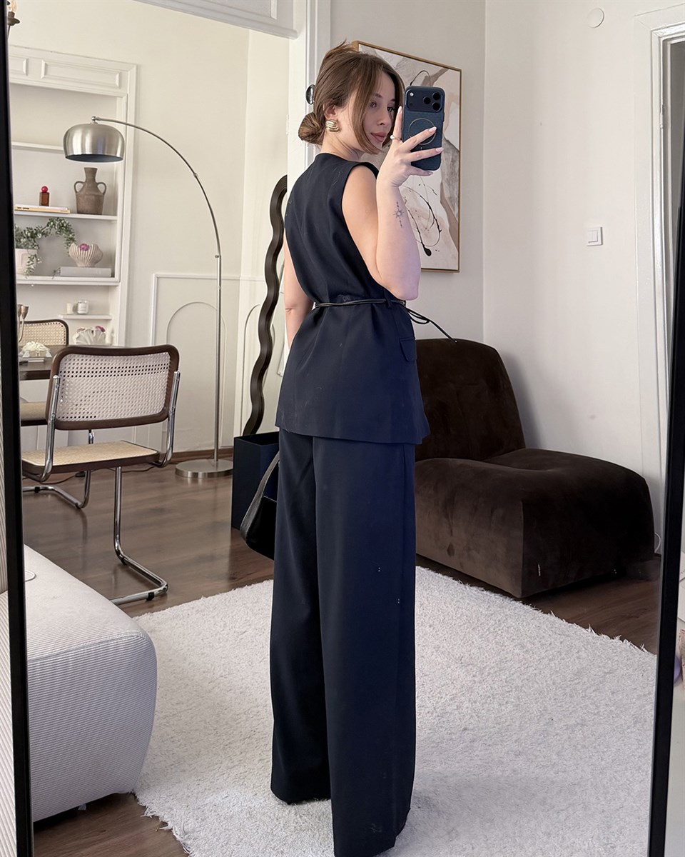 Kemer Detaylı Cepli Lacivert Yelek Pantolon Takım