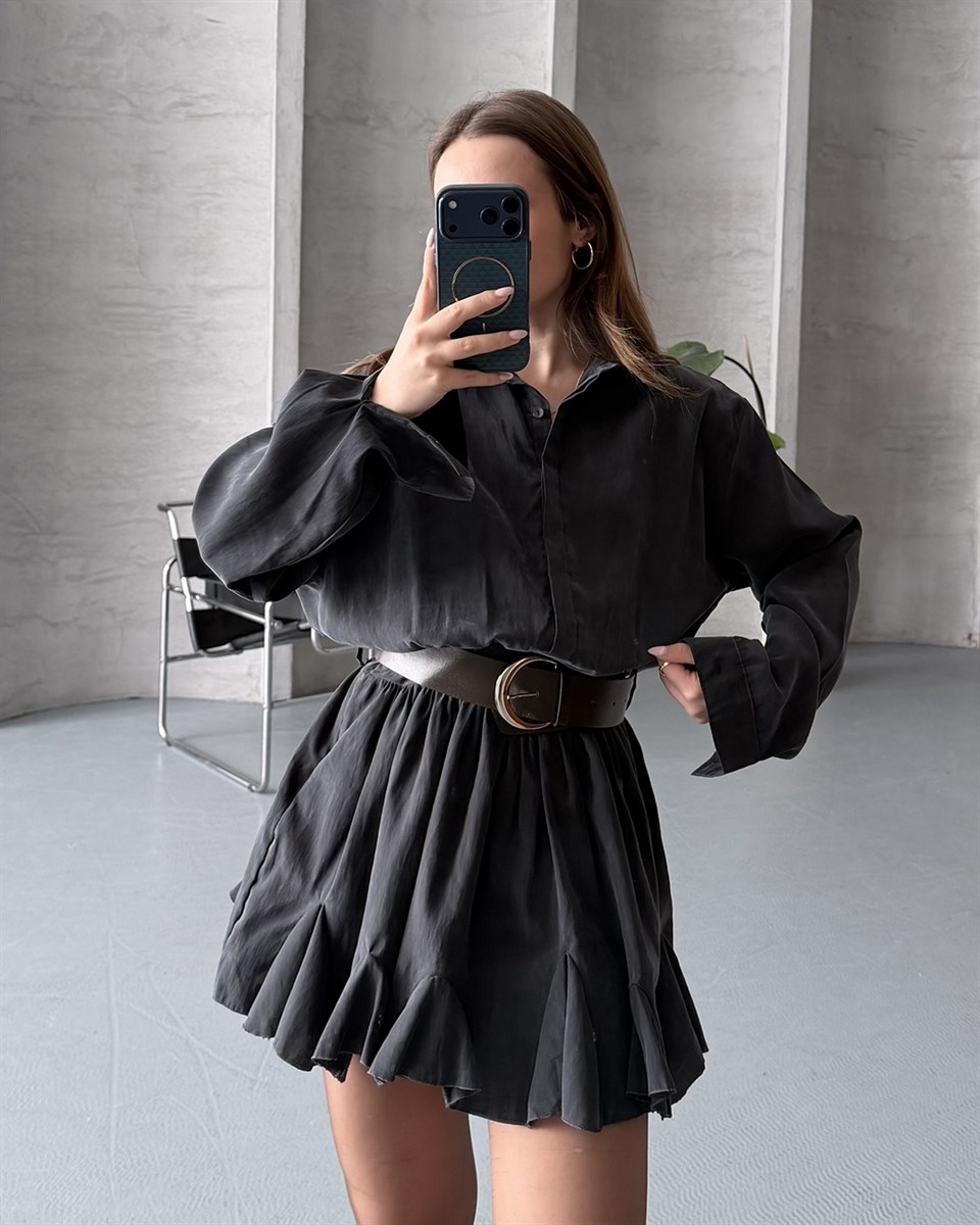 Kemer Detaylı Piliseli Antrasit Mini Elbise