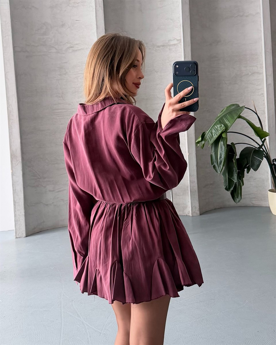 Kemer Detaylı Piliseli Bordo Mini Elbise