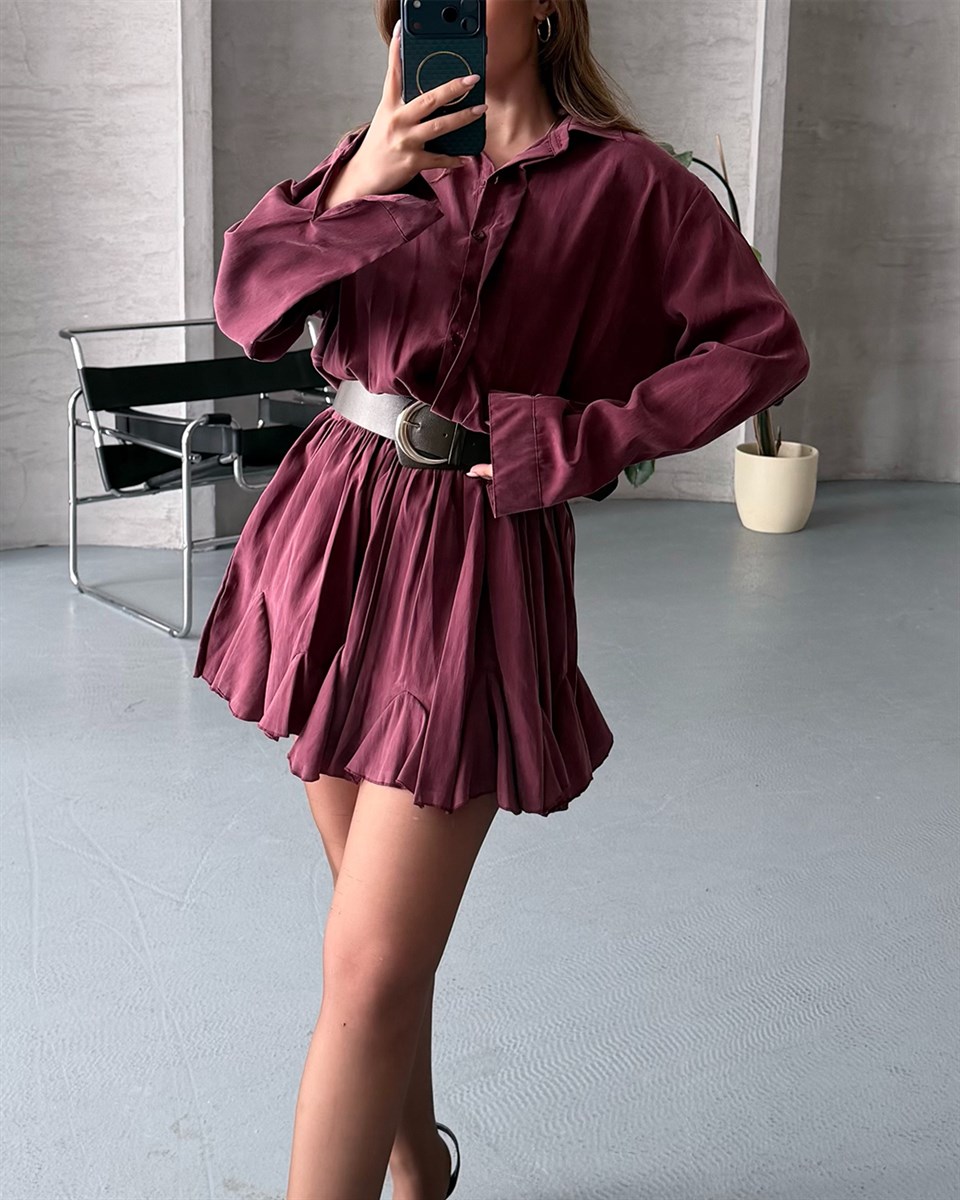 Kemer Detaylı Piliseli Bordo Mini Elbise