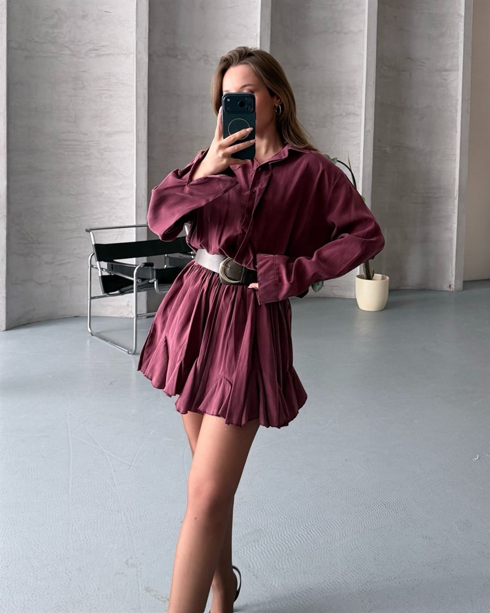 Kemer Detaylı Piliseli Bordo Mini Elbise