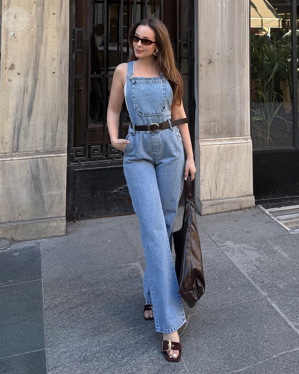 Kemerli Açık Mavi Denim Salopet Tulum