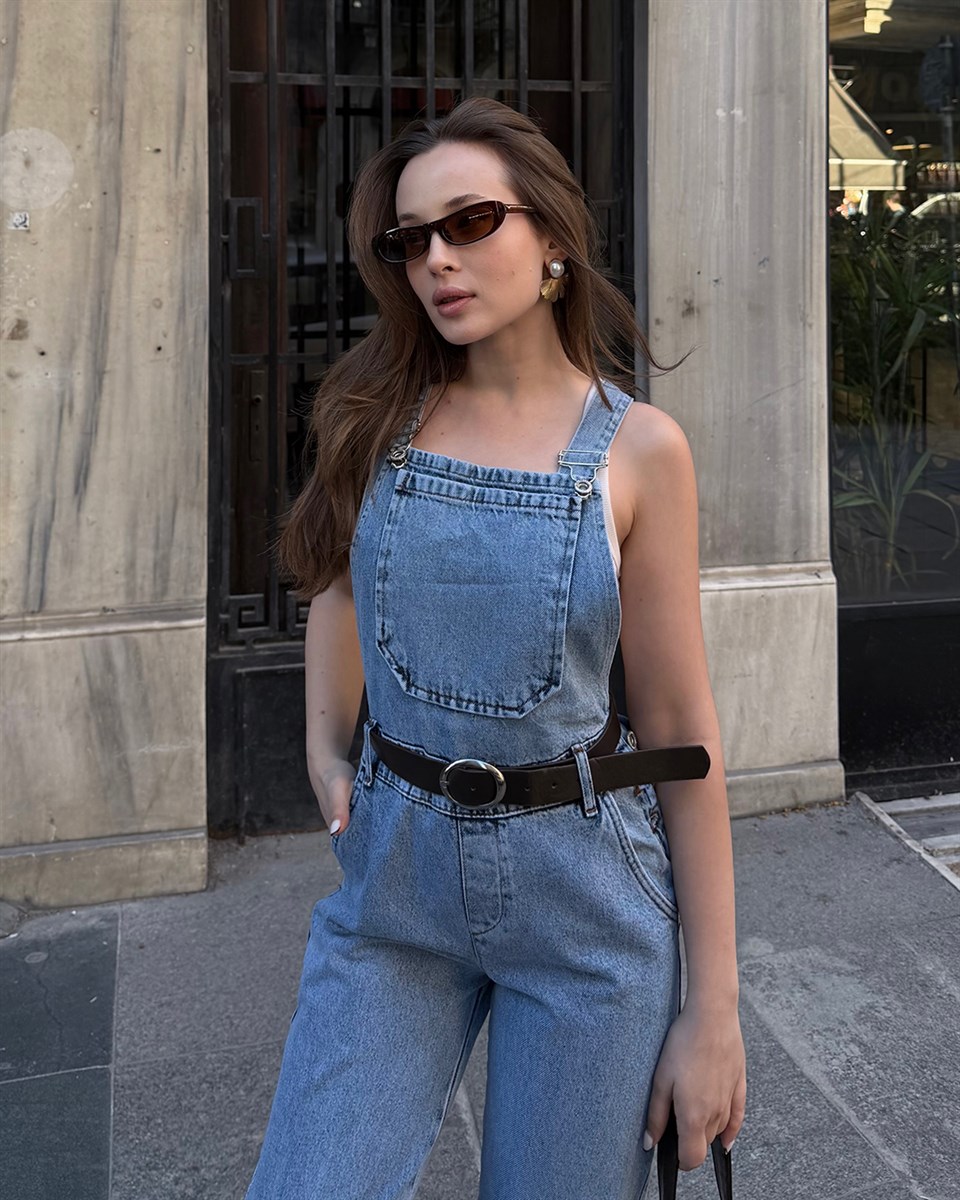 Kemerli Açık Mavi Denim Salopet Tulum