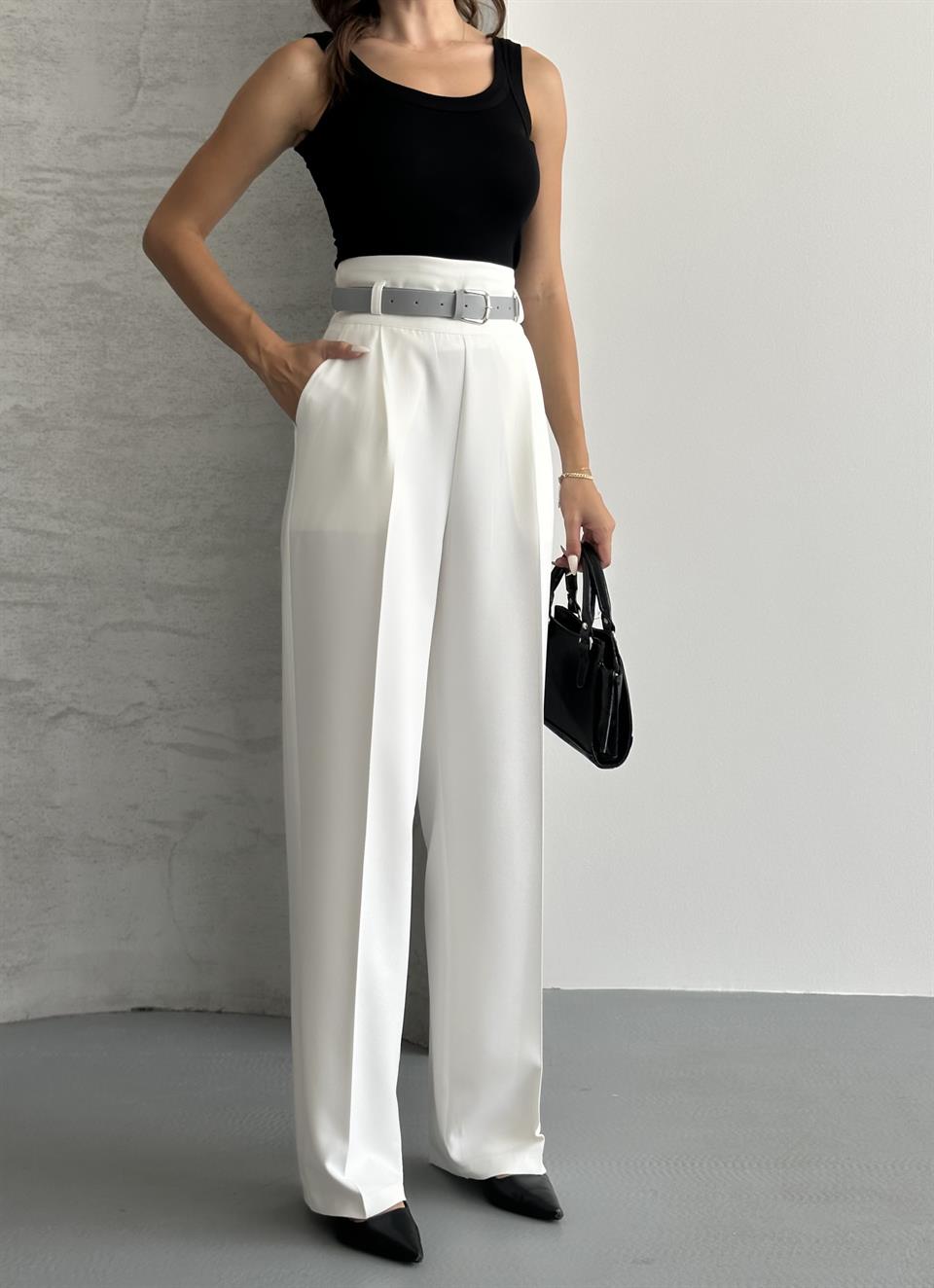 Kemerli Beyaz Palazzo Pantolon