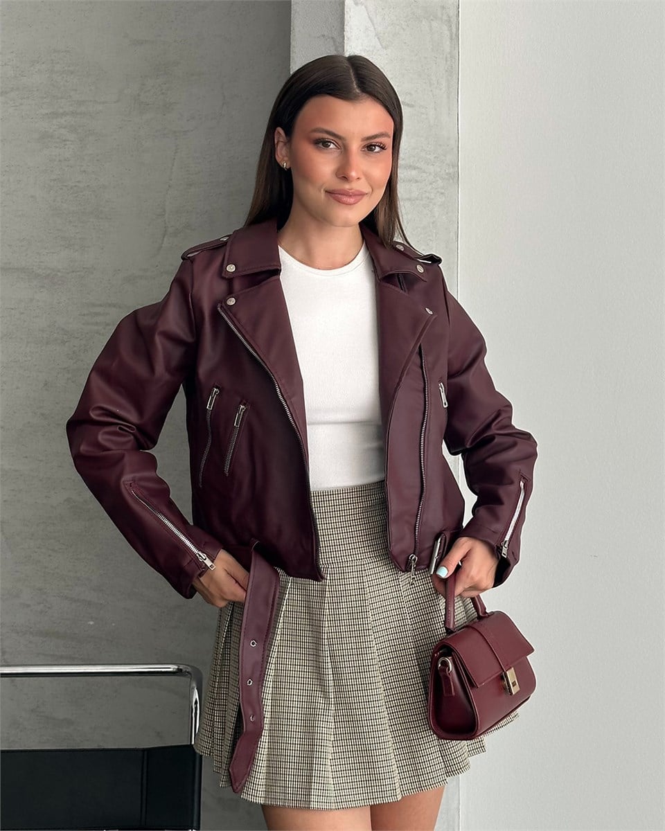 Kemerli Crop Biker Bordo Deri Ceket