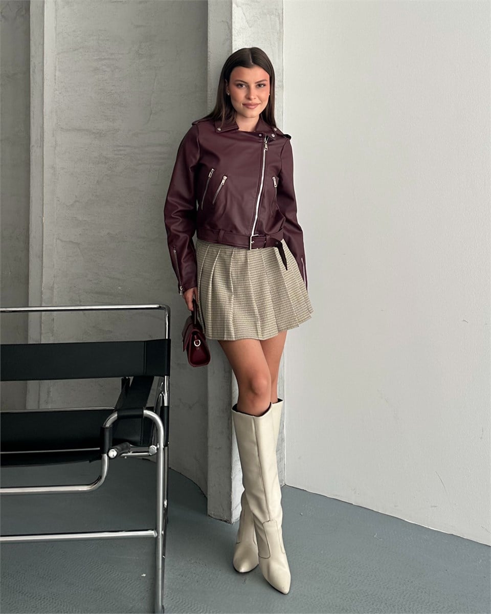 Kemerli Crop Biker Bordo Deri Ceket