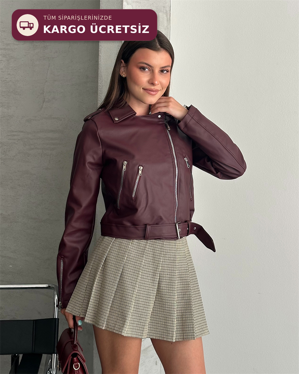 Kemerli Crop Biker Bordo Deri Ceket